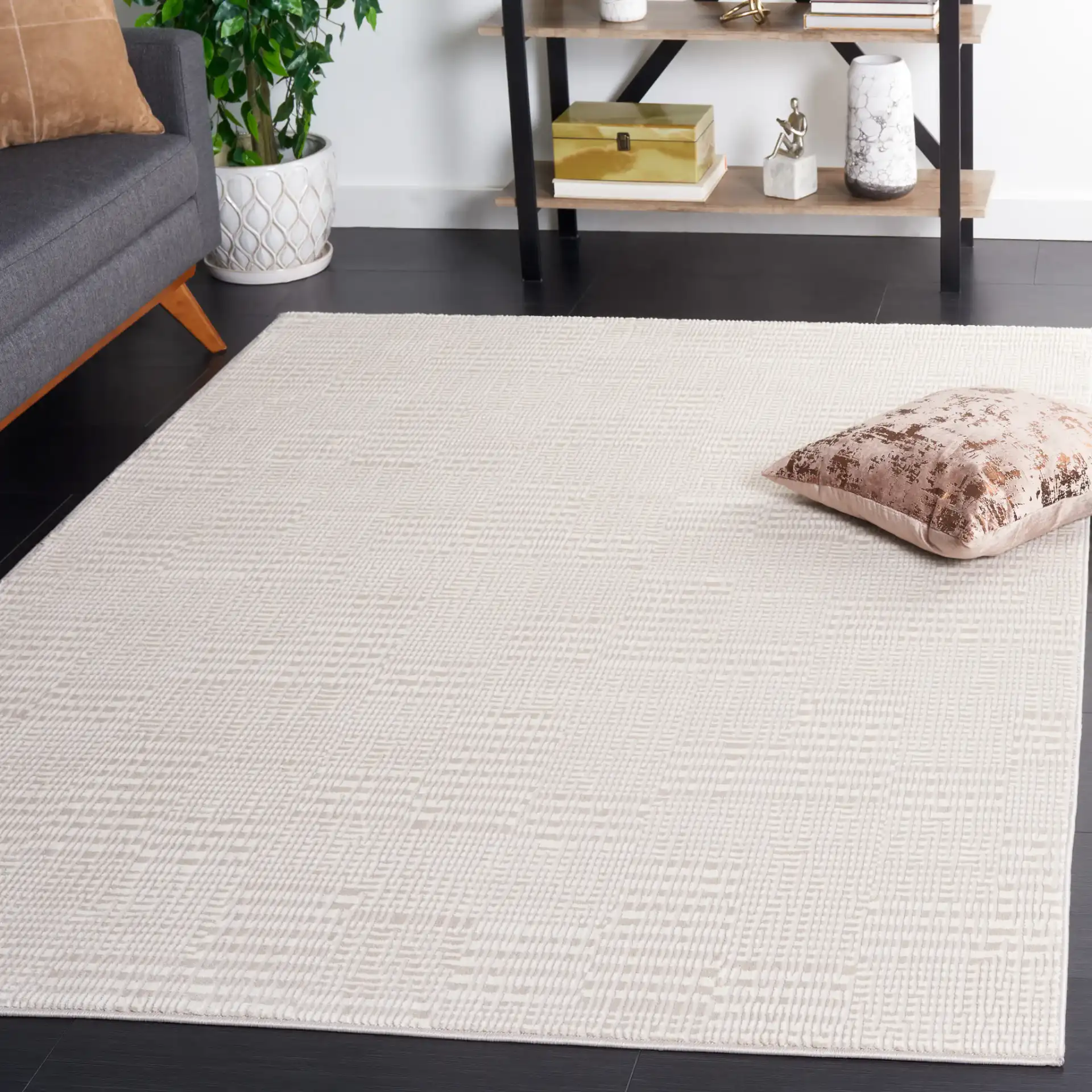 Continental Broken Grid Rug in Ivory / Beige in a styled room