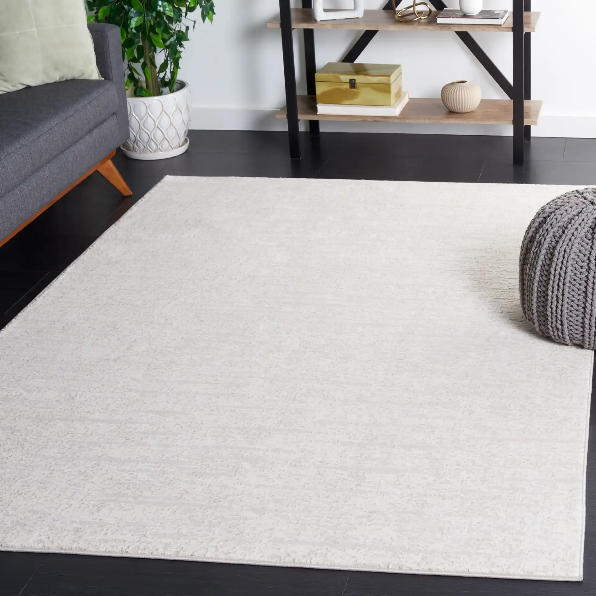 Continental Striated Abstract Rug in Ivory / Beige in a styled room