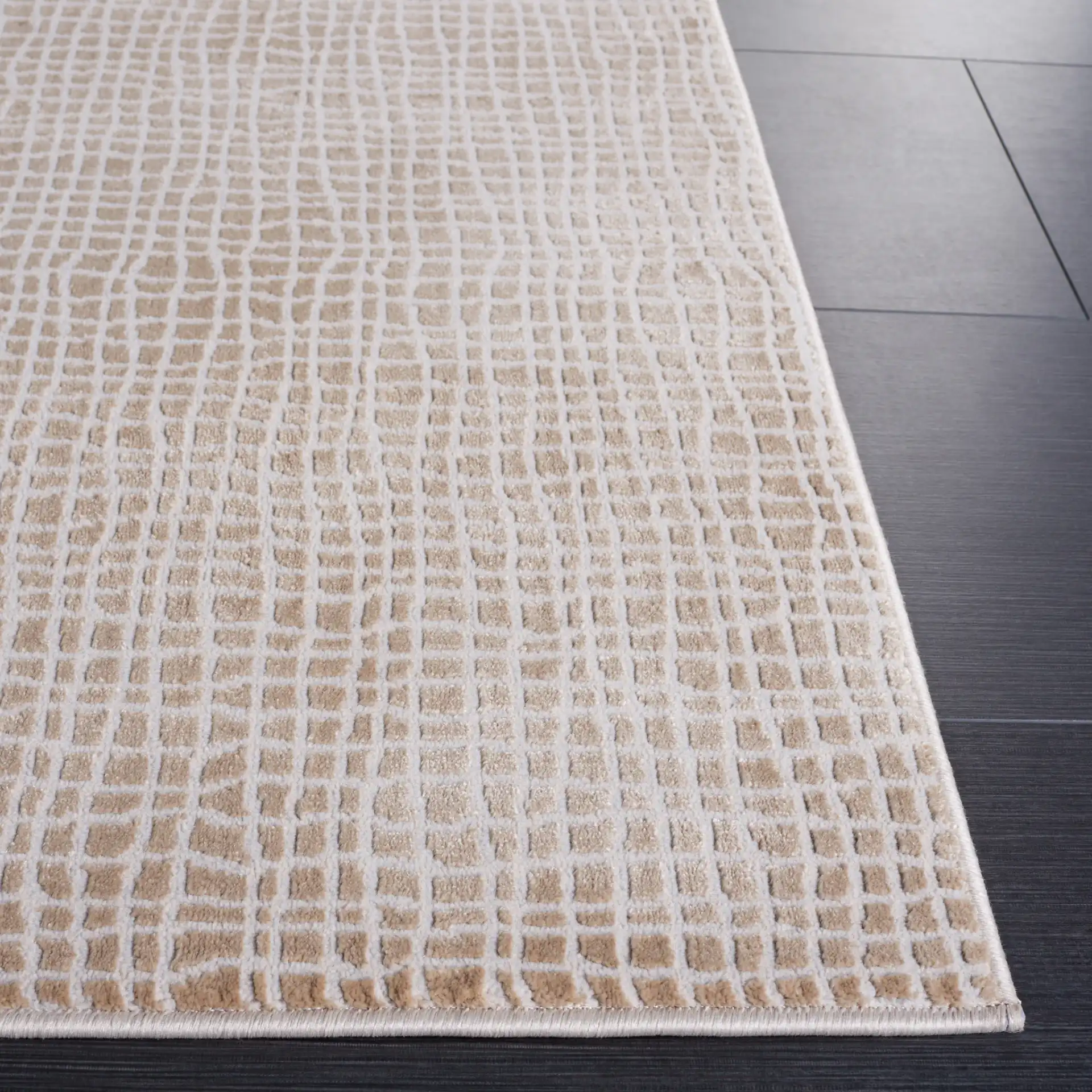 Continental Grid Rug in Beige / Gray in a styled room