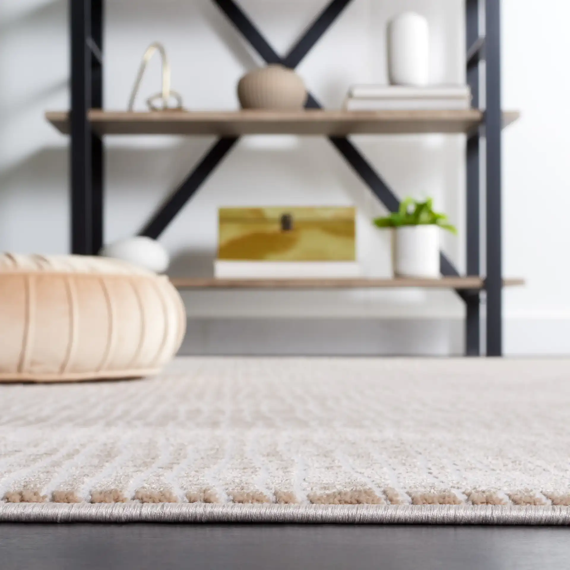 Continental Grid Rug in Beige / Gray in a styled room