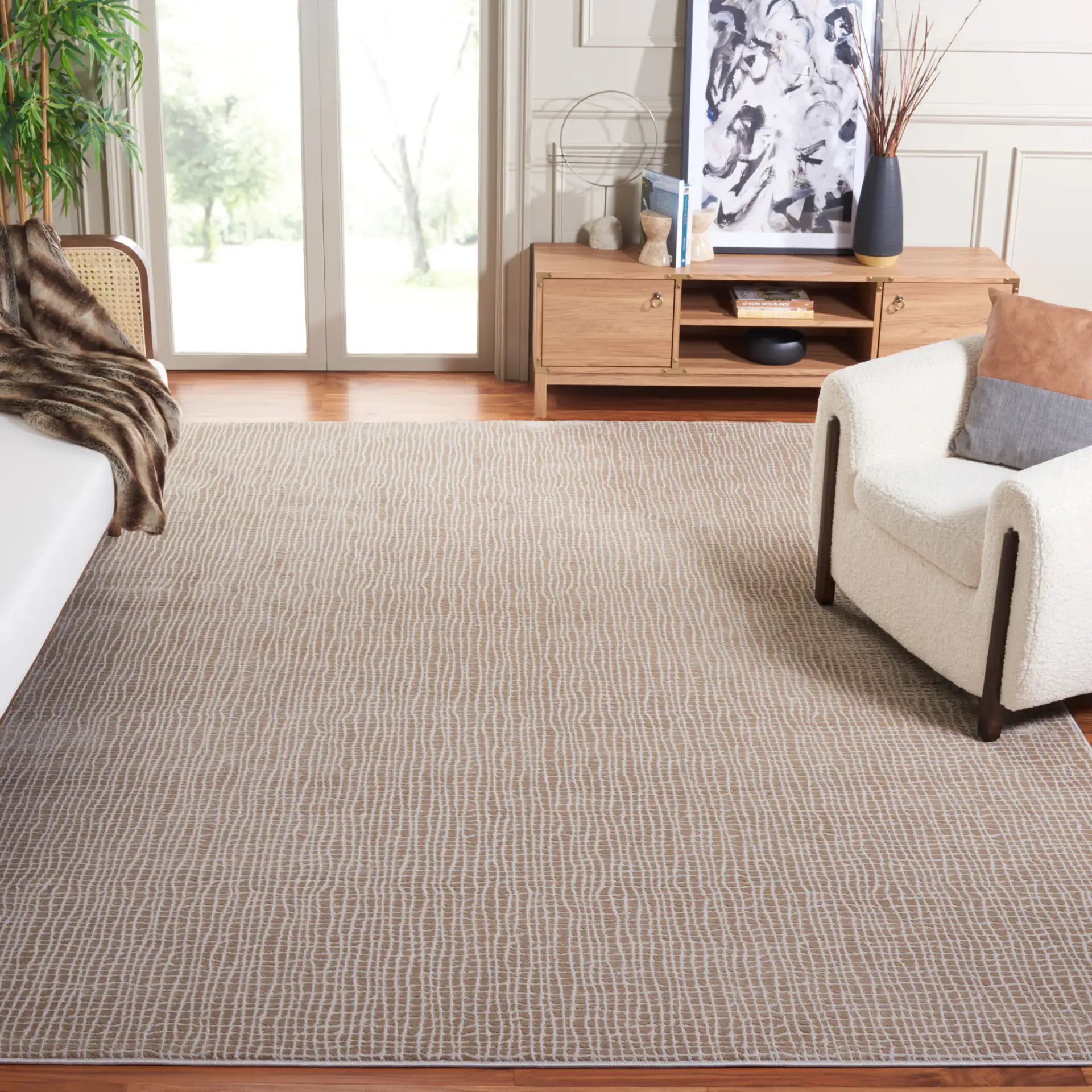 Continental Grid Rug in Beige / Gray in a styled room