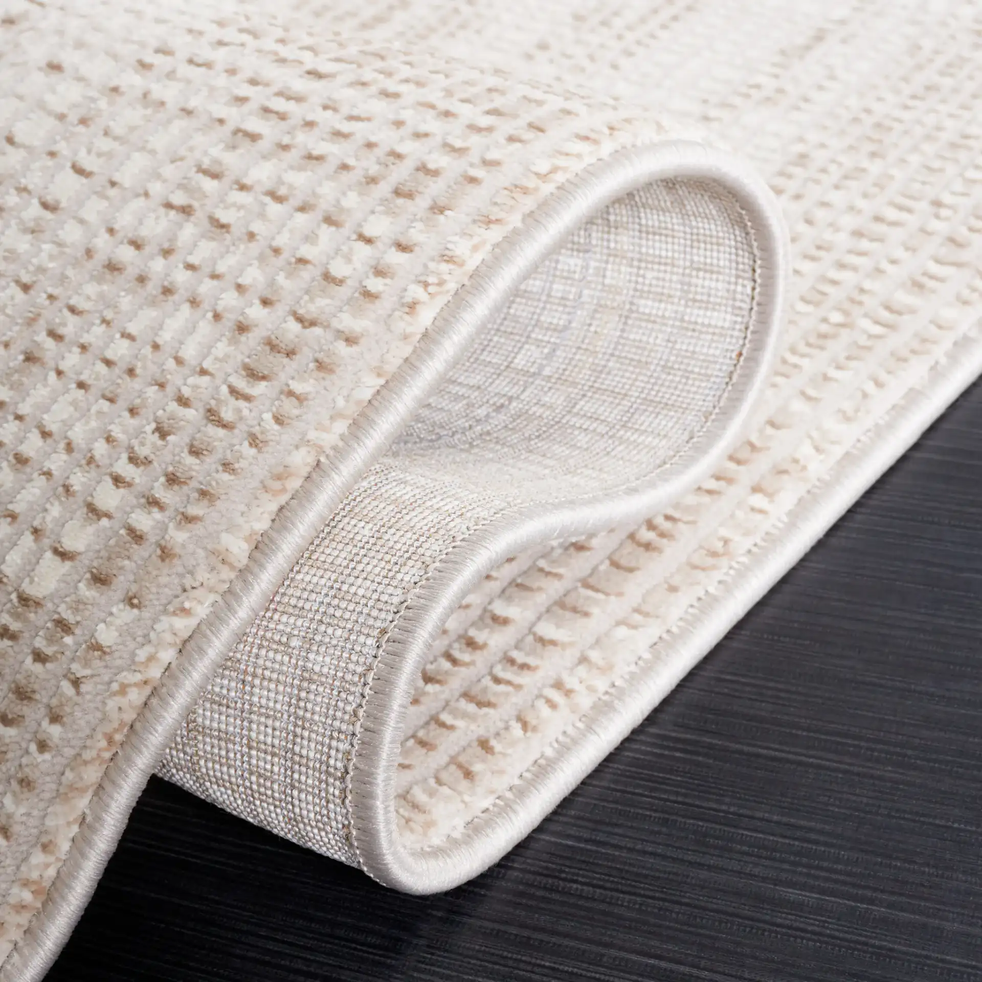 Continental Textured Border Rug in Ivory / Beige in a styled room