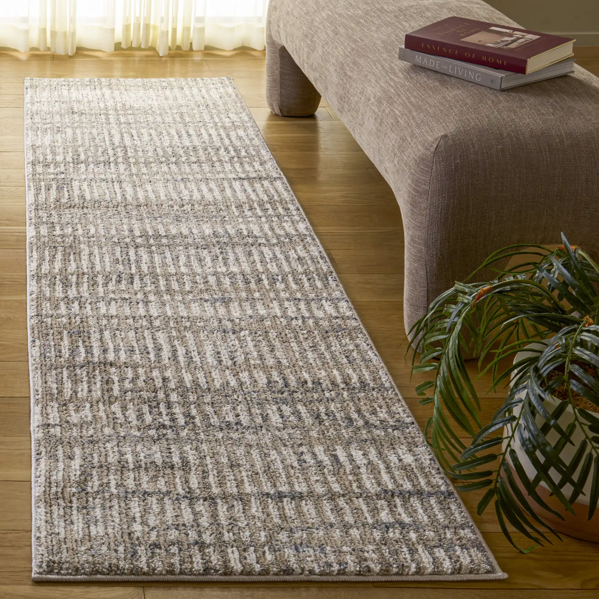 Cooper Modern Ribbed Stripe Rug in Ivory / Beige Gray in a styled room