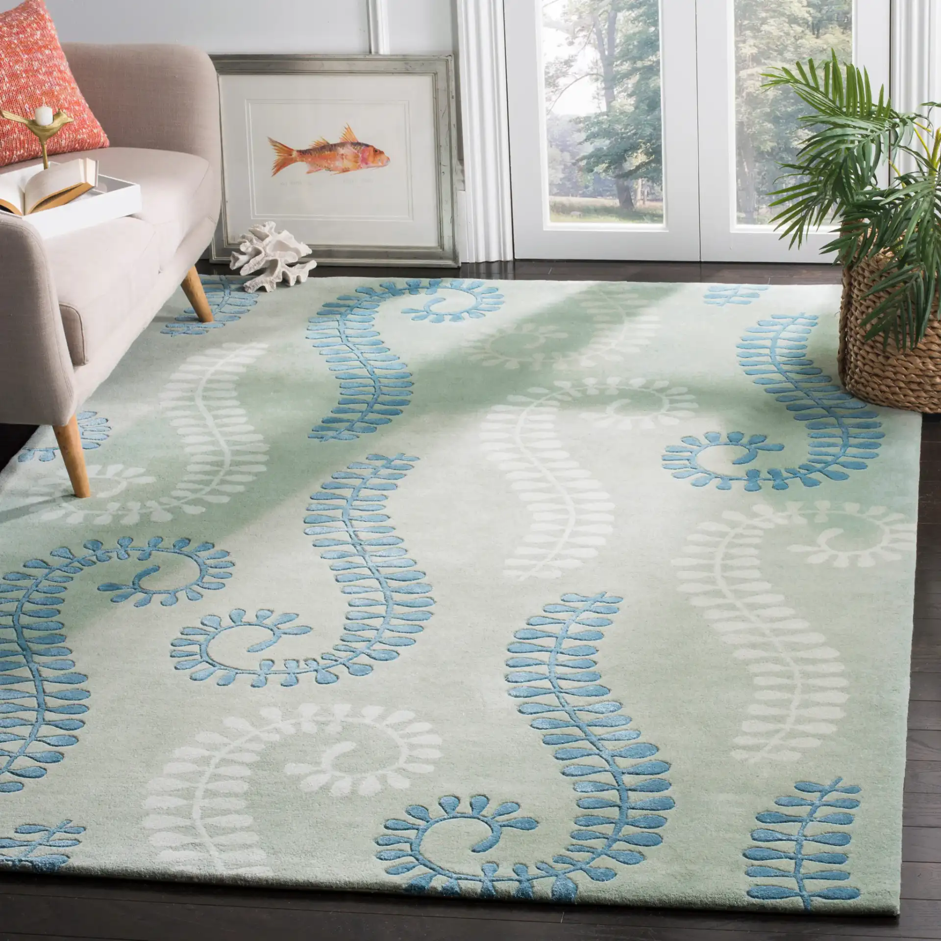 Capri Fern Hand-Tufted Wool Rug in Silver / Light Blue in a styled room