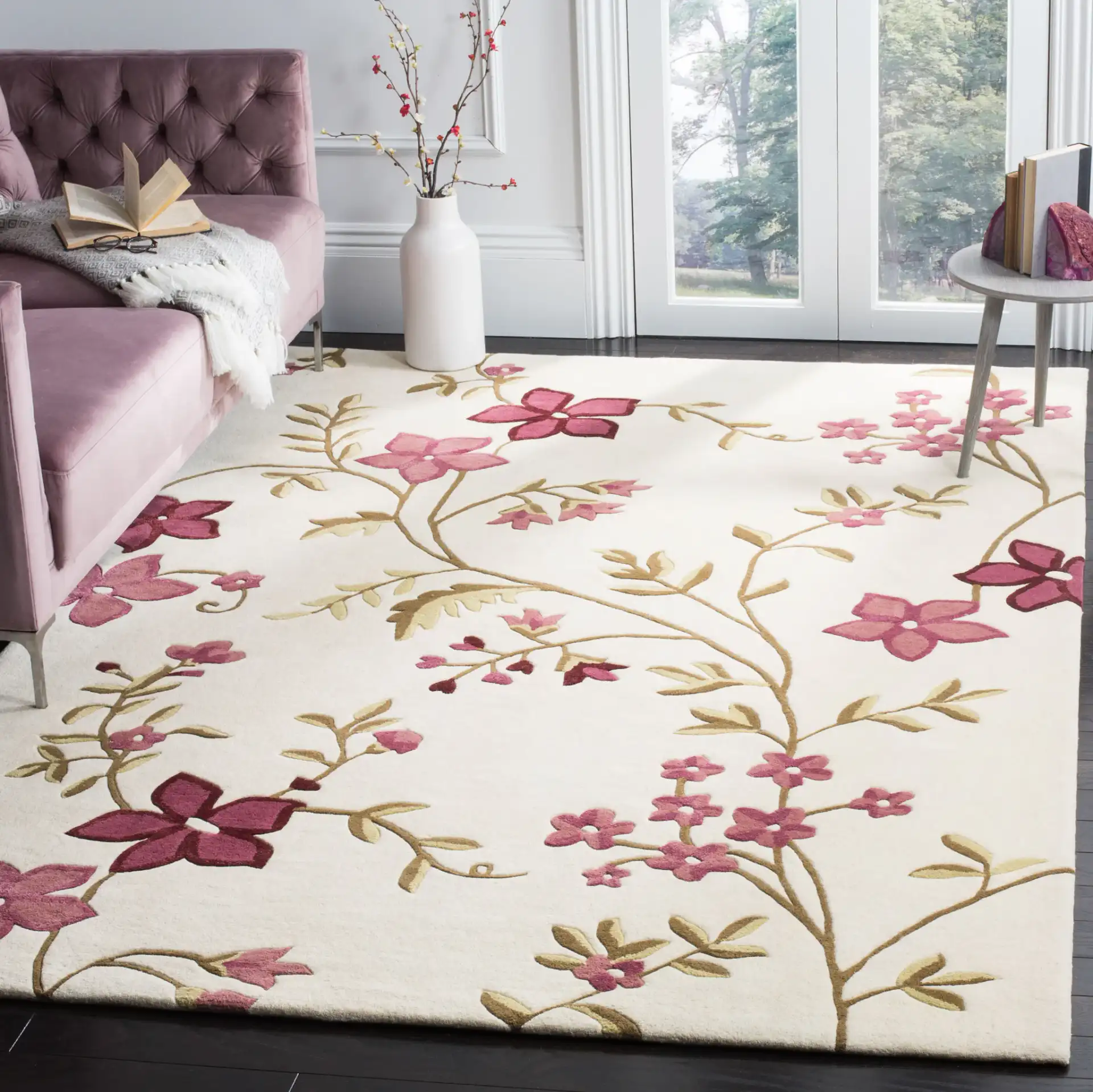 Capri Botanical Vine Hand-Tufted Wool Rug in Ivory / Purple in a styled room