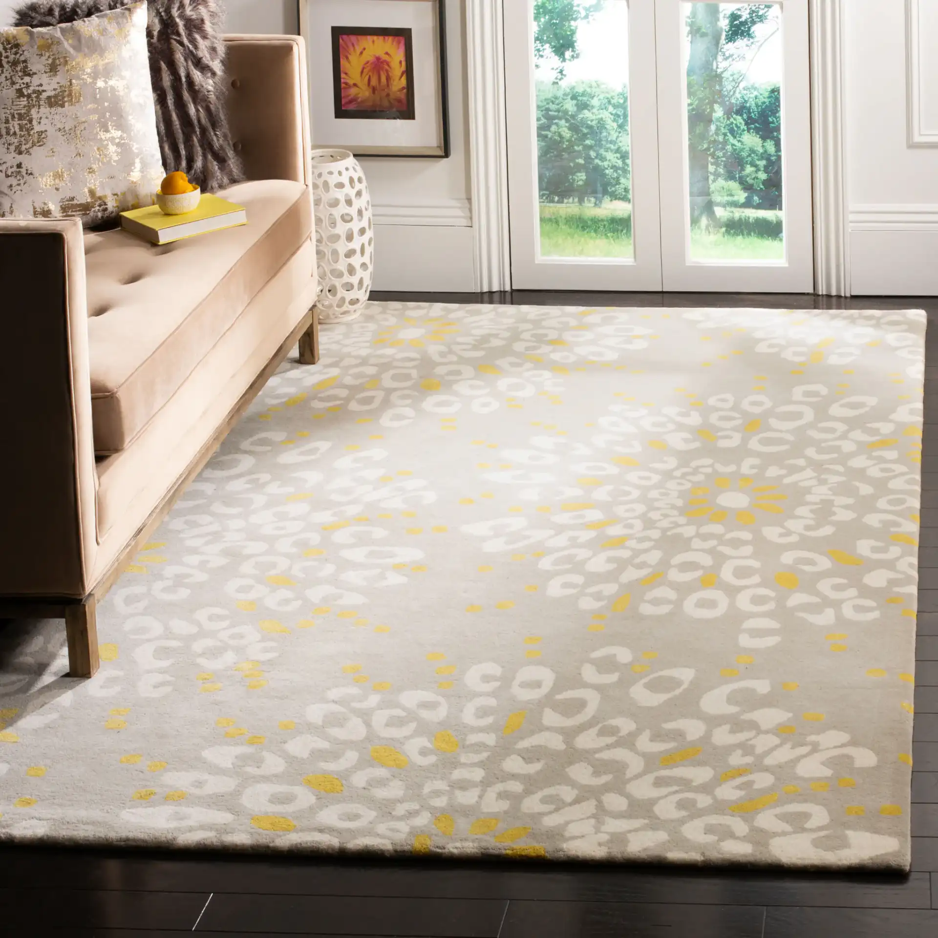 Capri Dotted Bloom Hand-Tufted Wool Rug in Gray / Ivory in a styled room