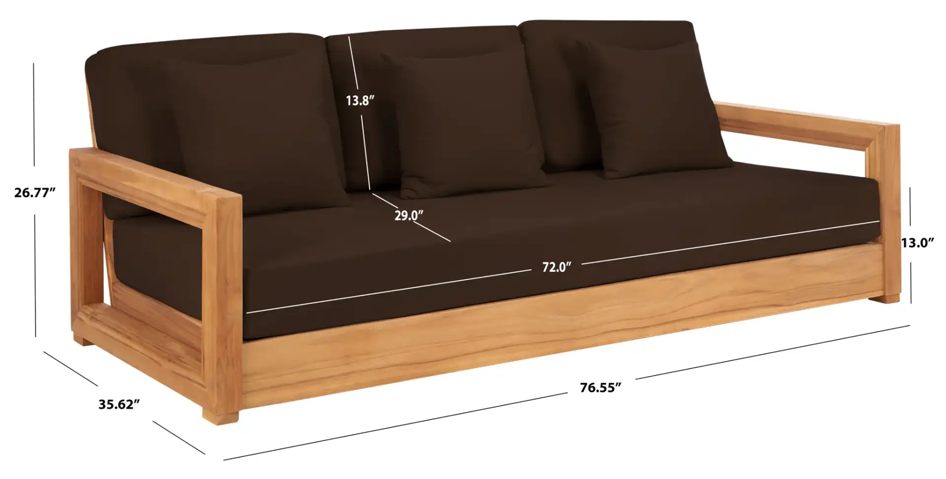 Montford Three-Seat Bench in Natural / Dark Brown, detail view