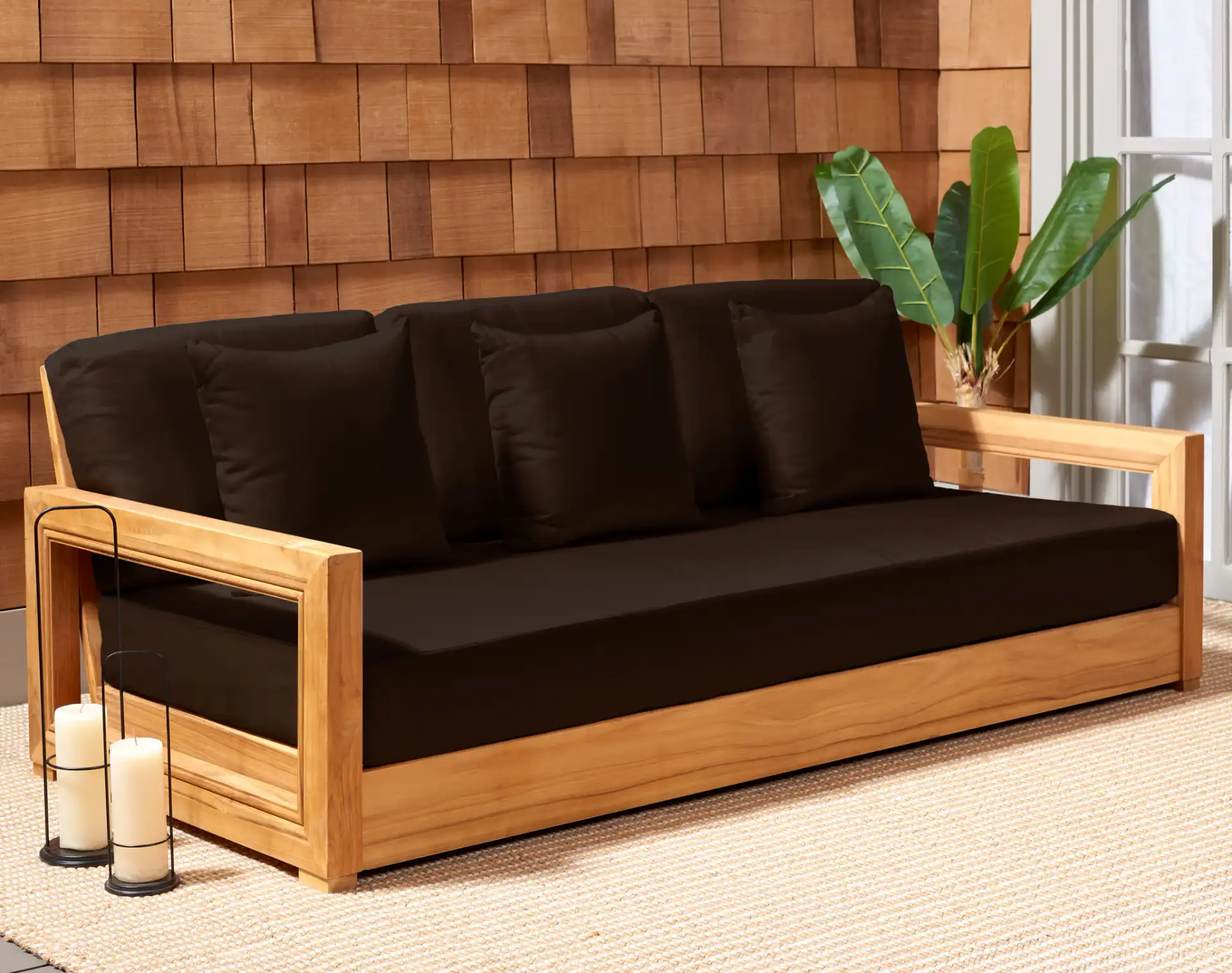 Montford Three-Seat Bench in Natural / Dark Brown in a styled room