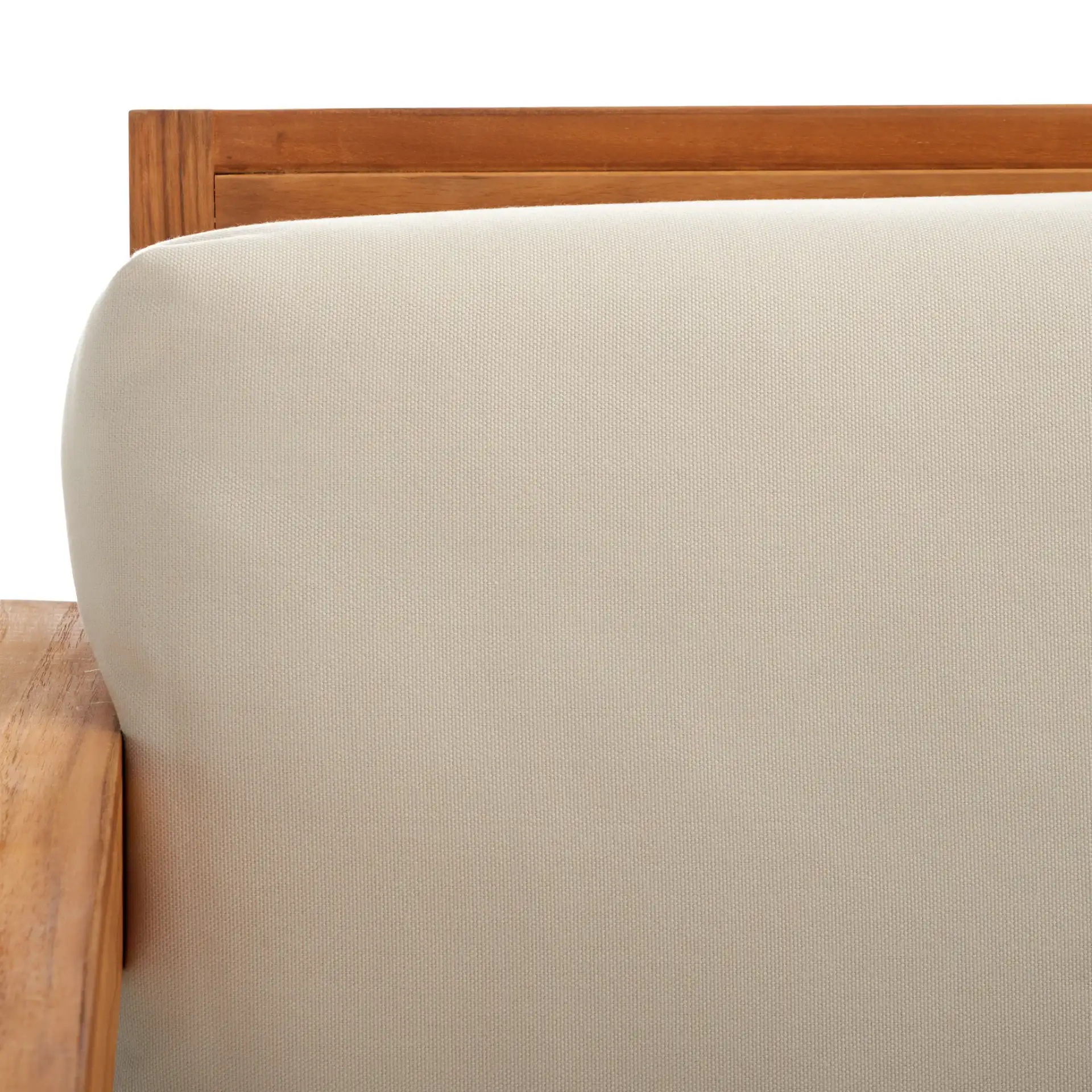 Andros Teak Patio Sofa in Natural / Beige in a styled room