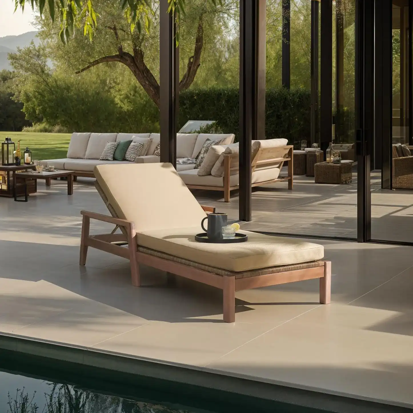 Donnamaria Wicker Sun Lounger in Natural / Brown in a styled room