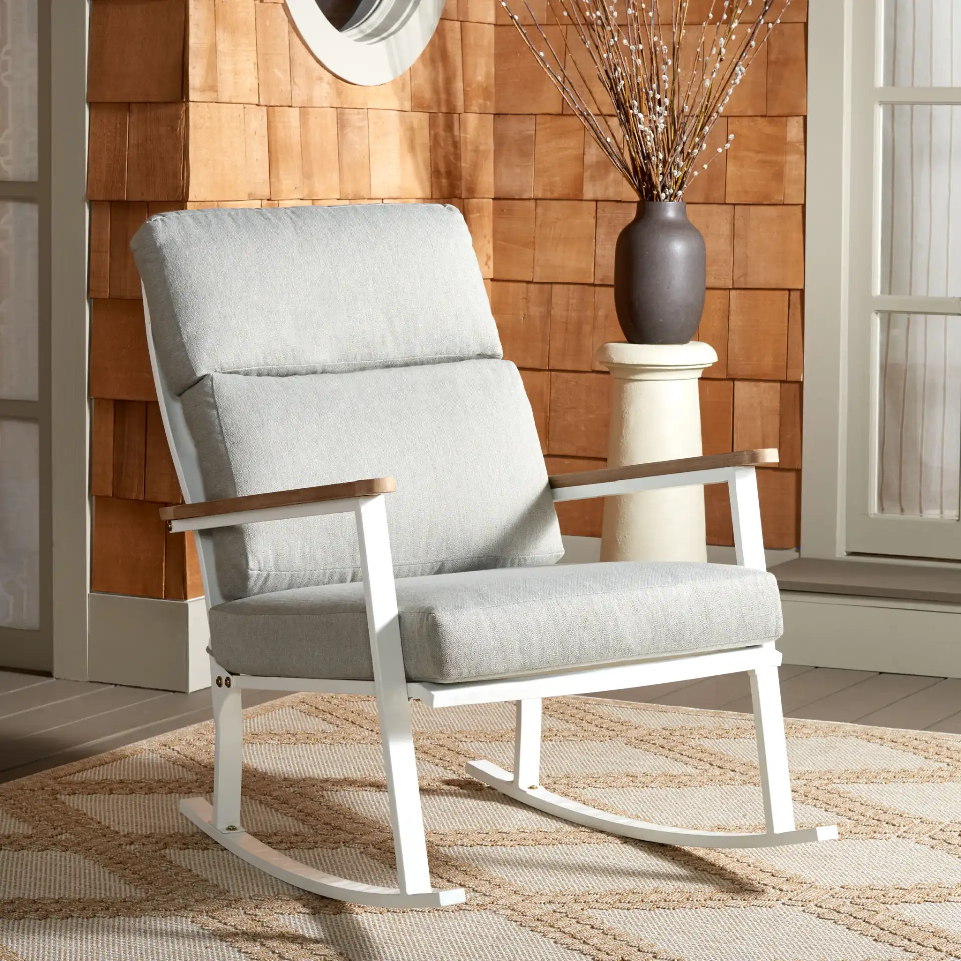 Brutus Rocking Chair in White / Light Gray in a styled room