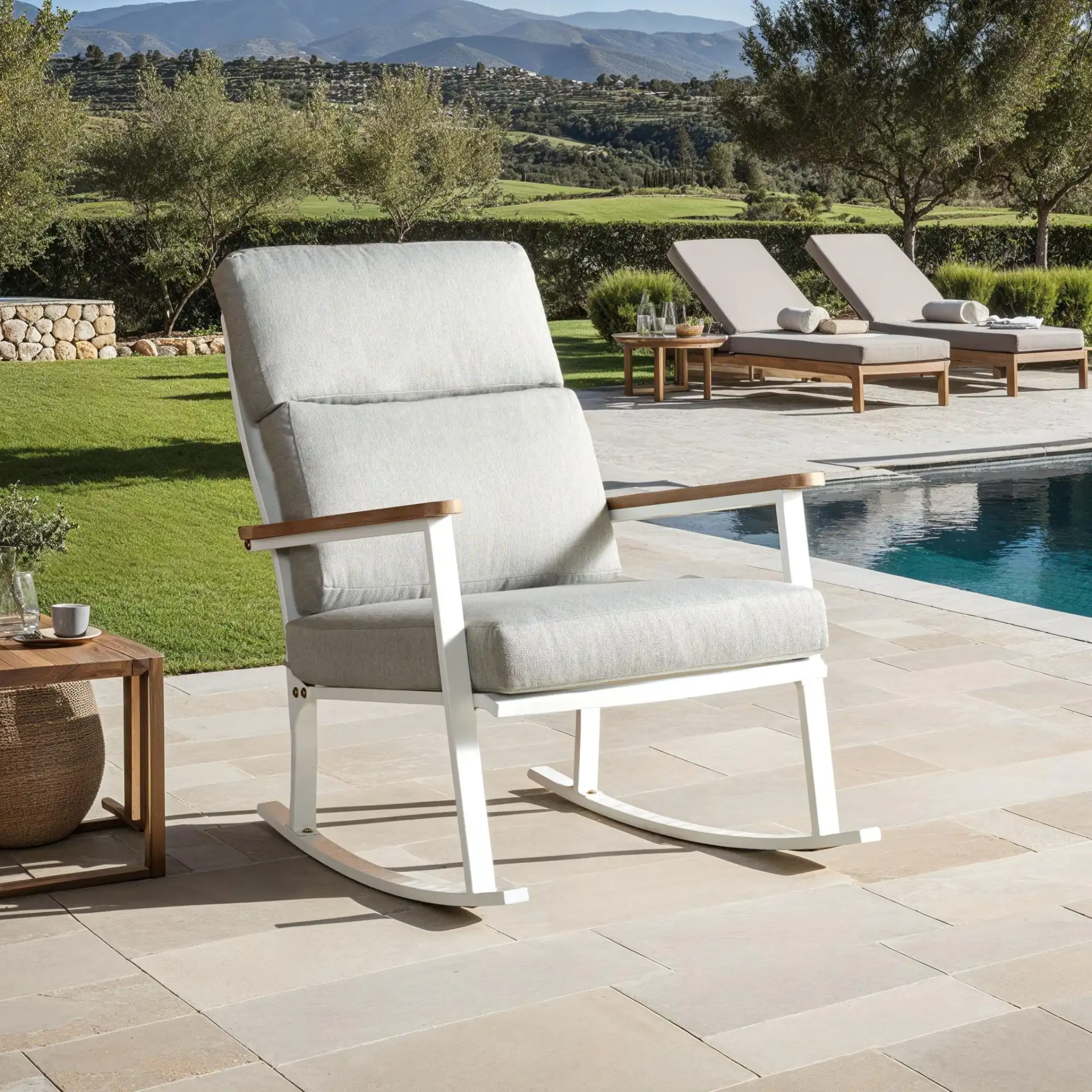 Brutus Rocking Chair in White / Light Gray in a styled room