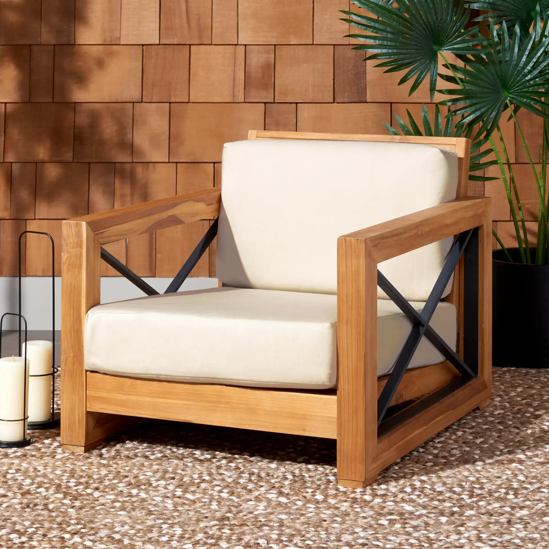 Andros Teak Patio Chair in Natural / Beige in a styled room