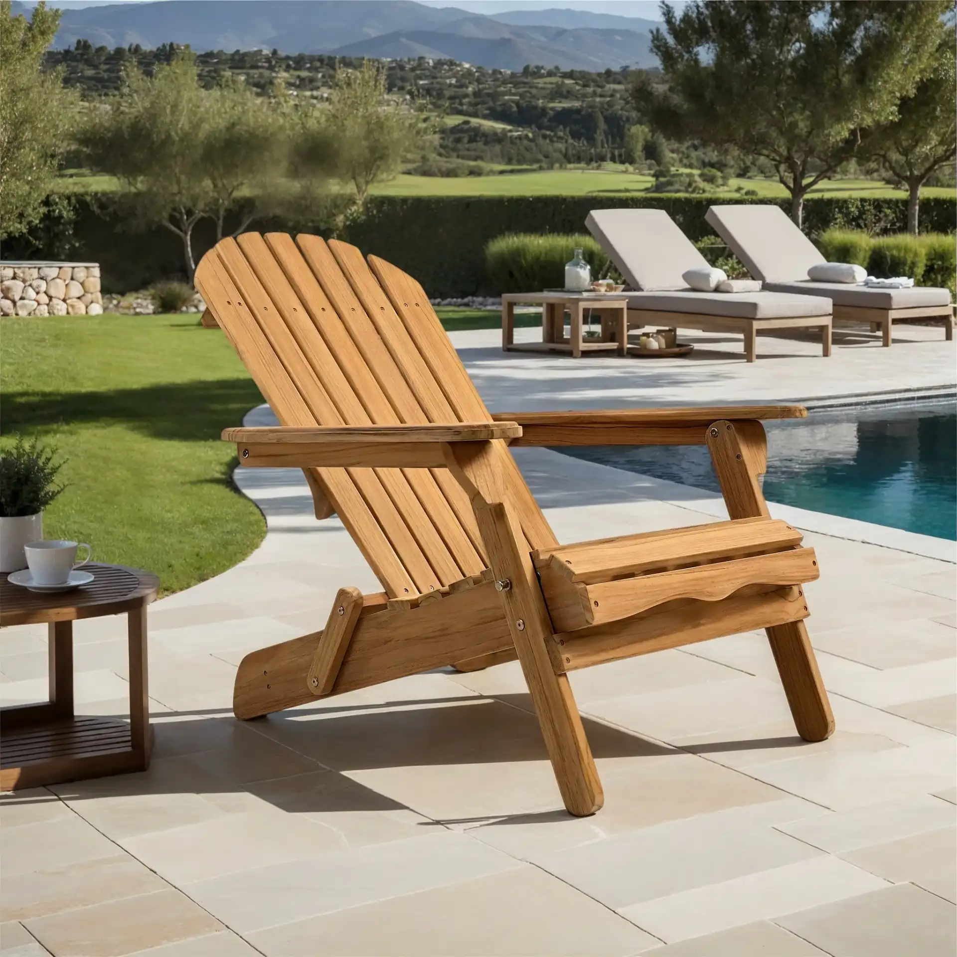 Alani Teak Adirondack Chair in Natural in a styled room