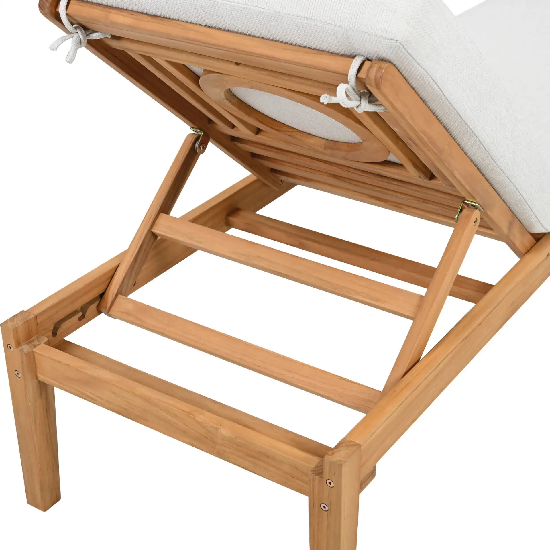 Montclair Teak Chaise Lounge in White / Natural Teak in a styled room