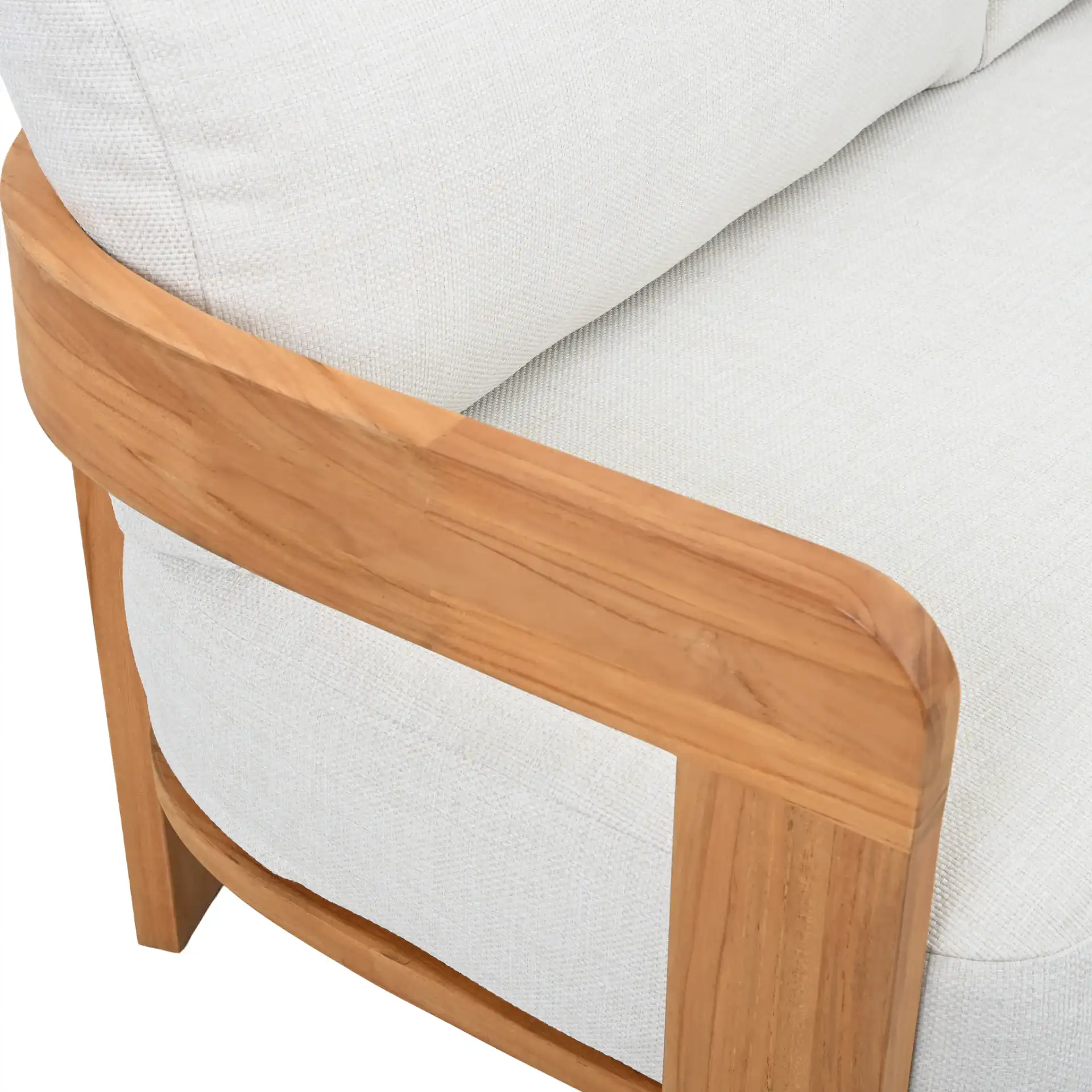 Achilles Teak Patio Sofa in White / Natural Teak in a styled room