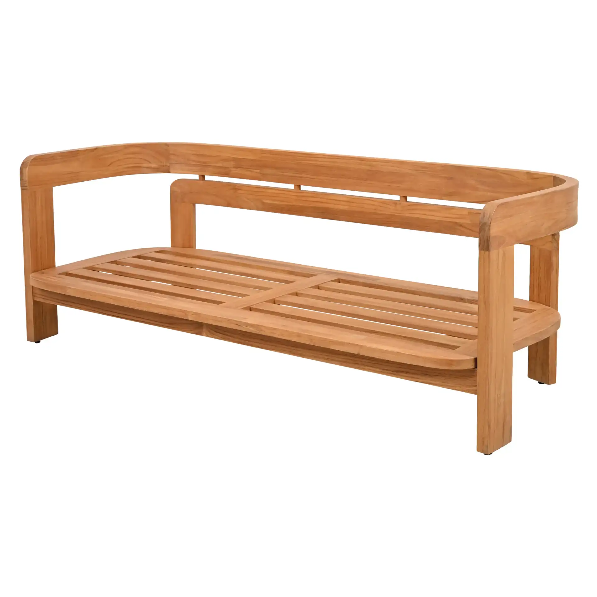 Achilles Teak Patio Sofa in White / Natural Teak in a styled room