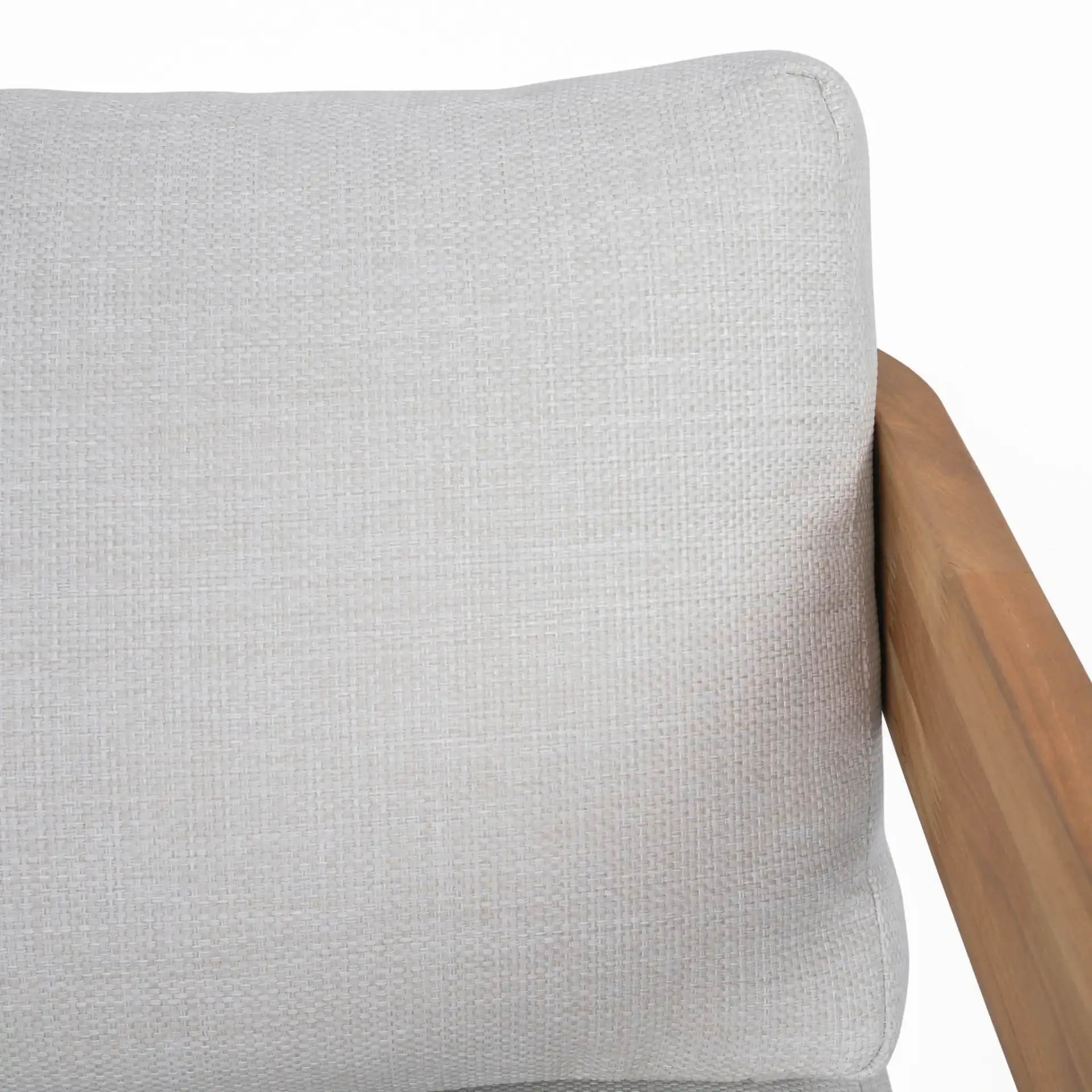 Leilani Teak Patio Sofa in White / Natural Teak in a styled room