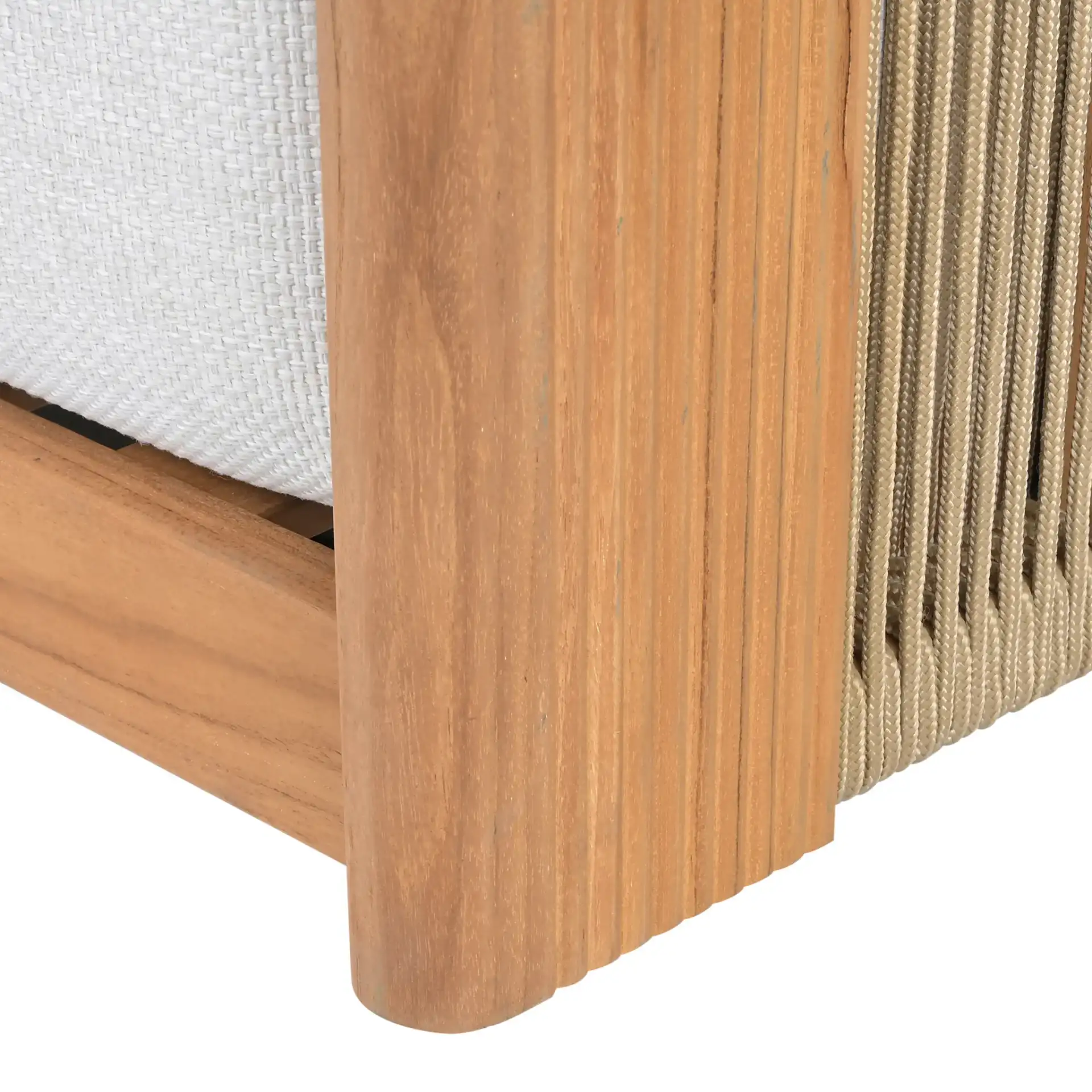 Marina Teak Patio Sofa in White / Natural Teak in a styled room