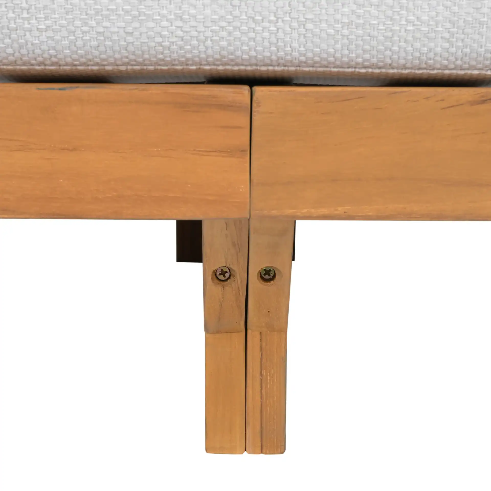 Marina Teak Patio Sofa in White / Natural Teak in a styled room