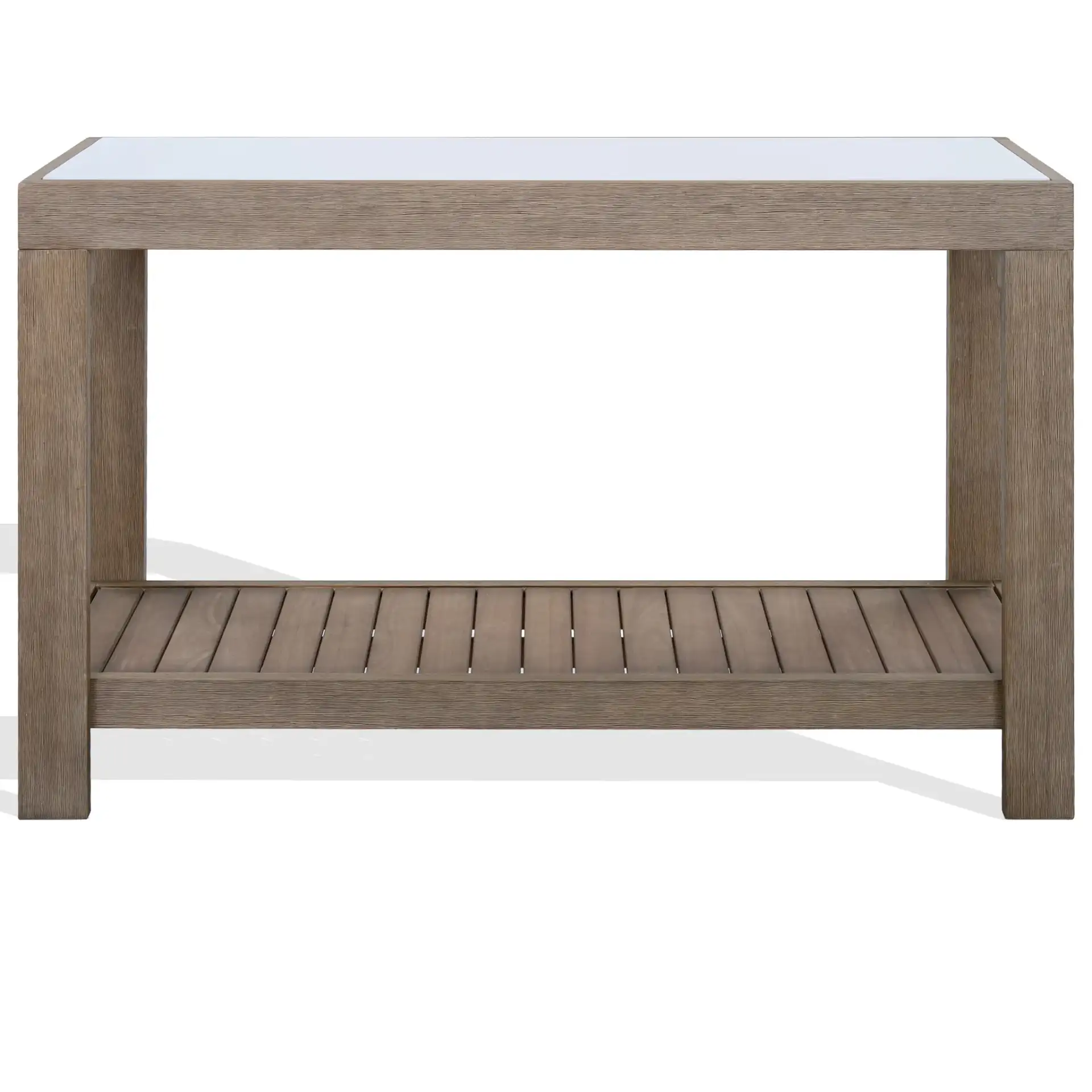Aolani Eucalyptus Wood Outdoor Console Table in Natural / White, detail view