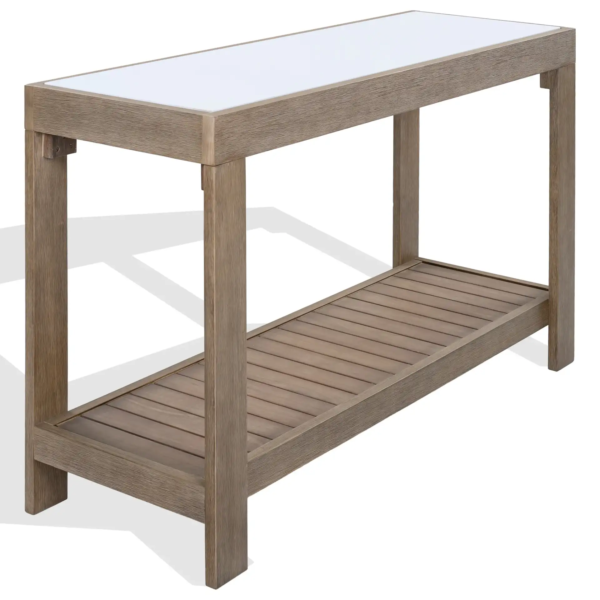 Aolani Eucalyptus Wood Outdoor Console Table in Natural / White, detail view