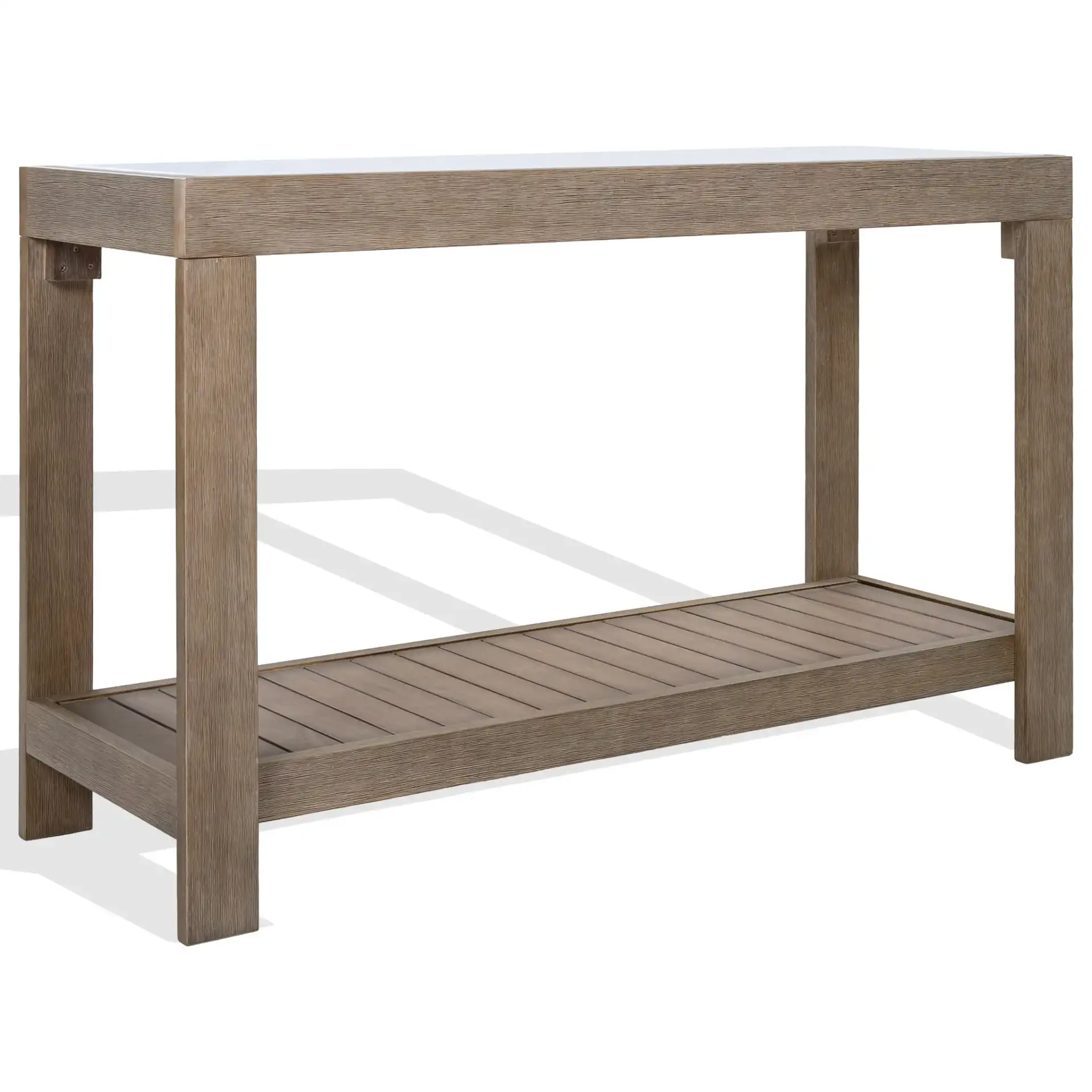 Aolani Eucalyptus Wood Outdoor Console Table in Natural / White, detail view