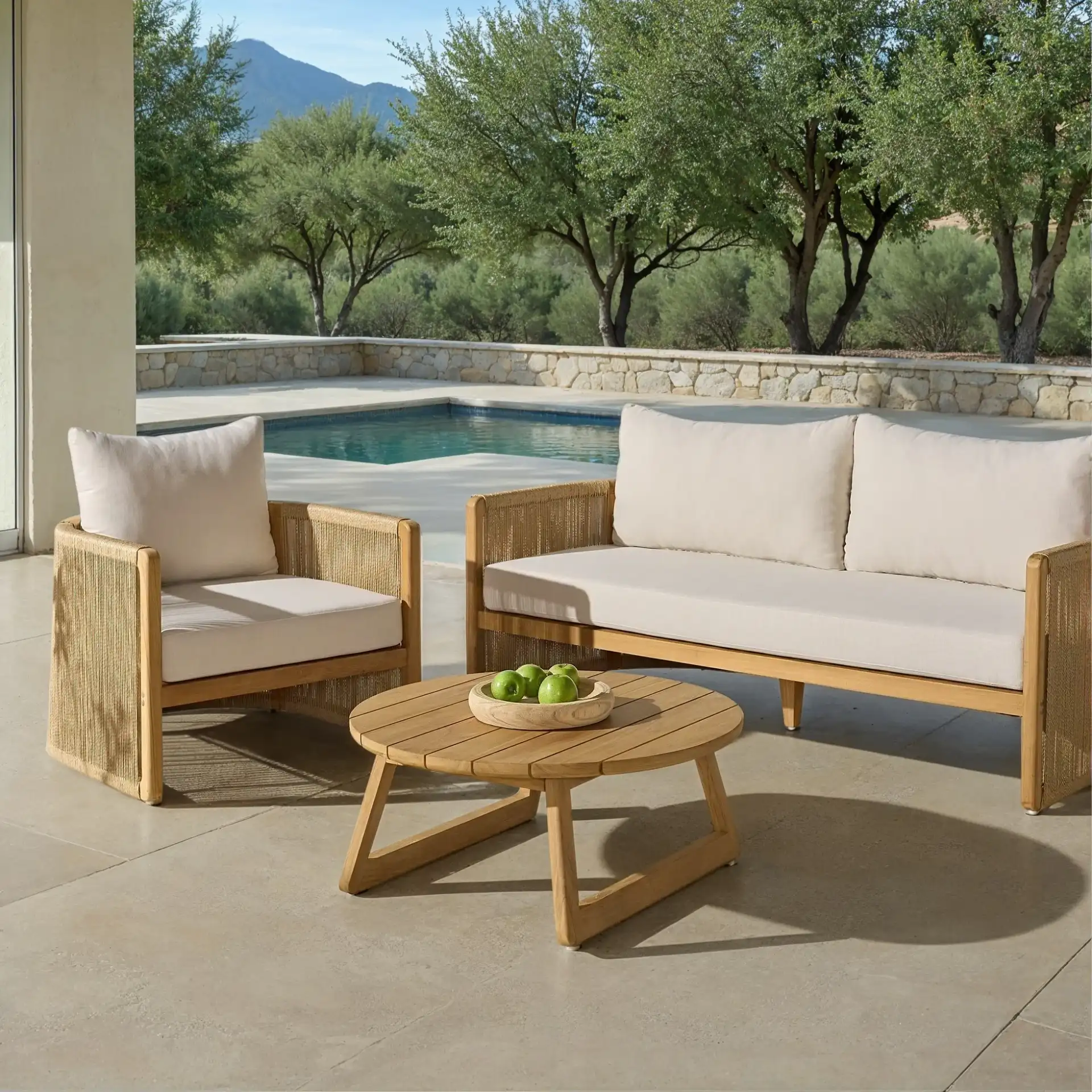 Gale Teak Outdoor Coffee Table in Natural, detail view