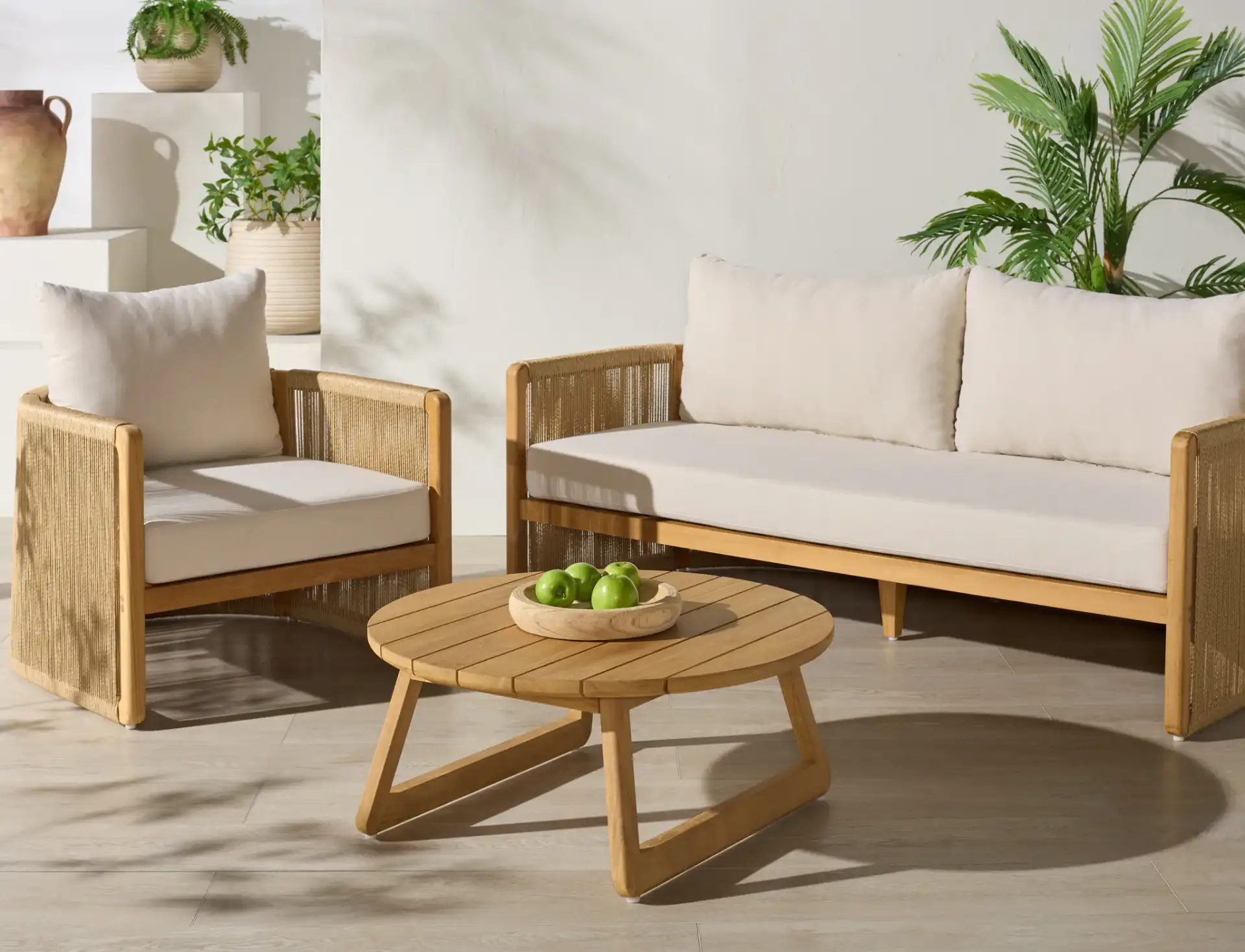 Gale Teak Outdoor Coffee Table in Natural, detail view
