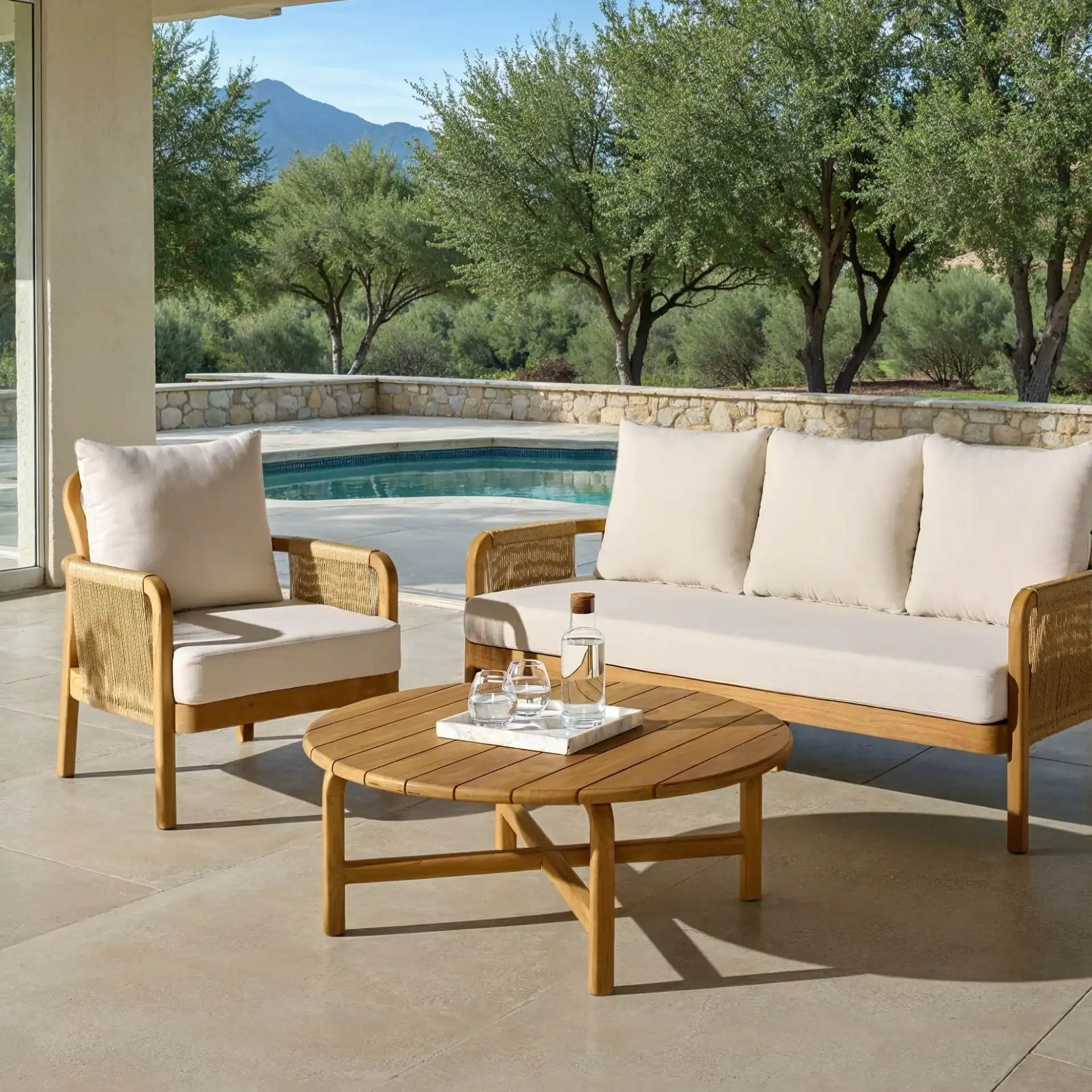 Rogers Teak Coffee Table in Natural in a styled room