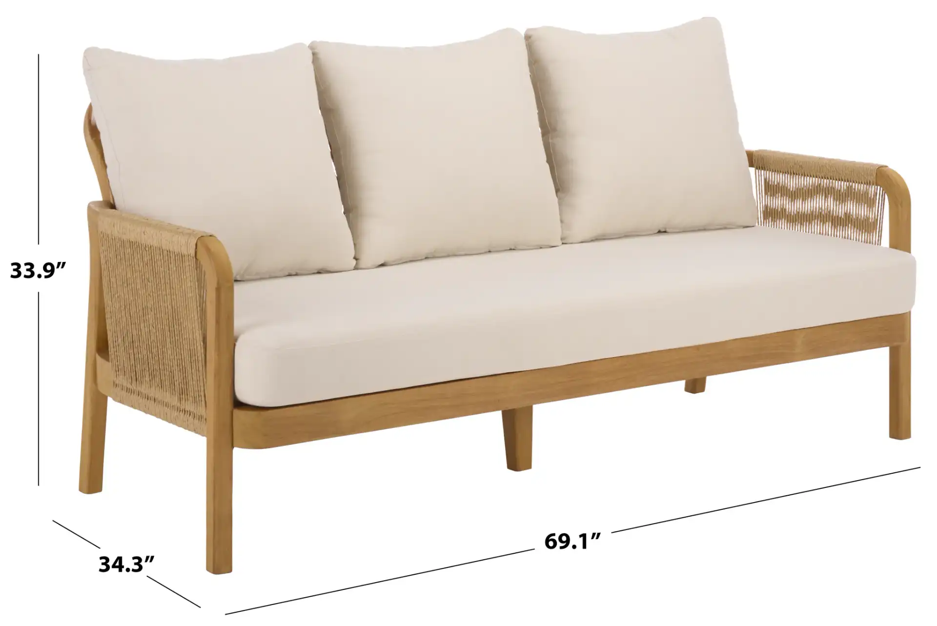 Rogers Teak & Hyacinth Sofa in Natural / Beige, detail view