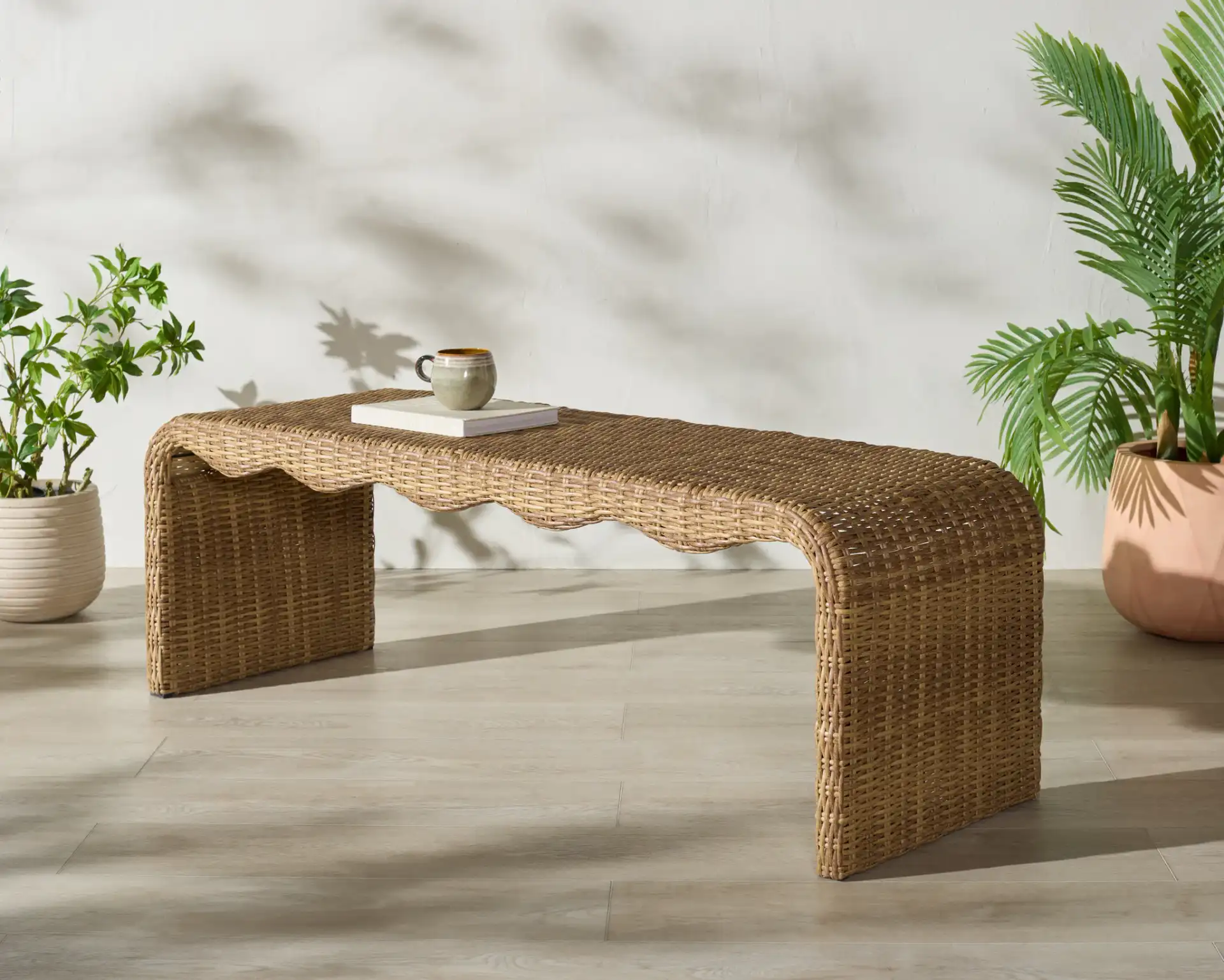 Lynsee Wicker Bench in Natural in a styled room