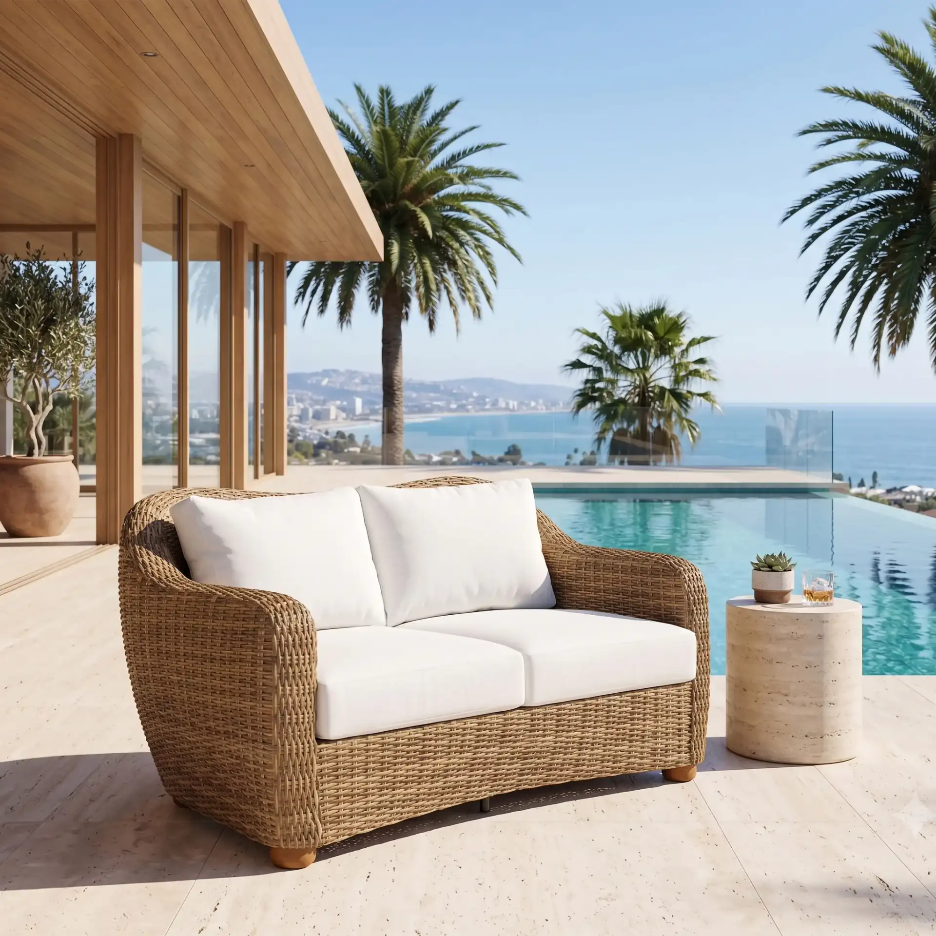 Melbourne Wicker Patio Loveseat in Natural / White in a styled room