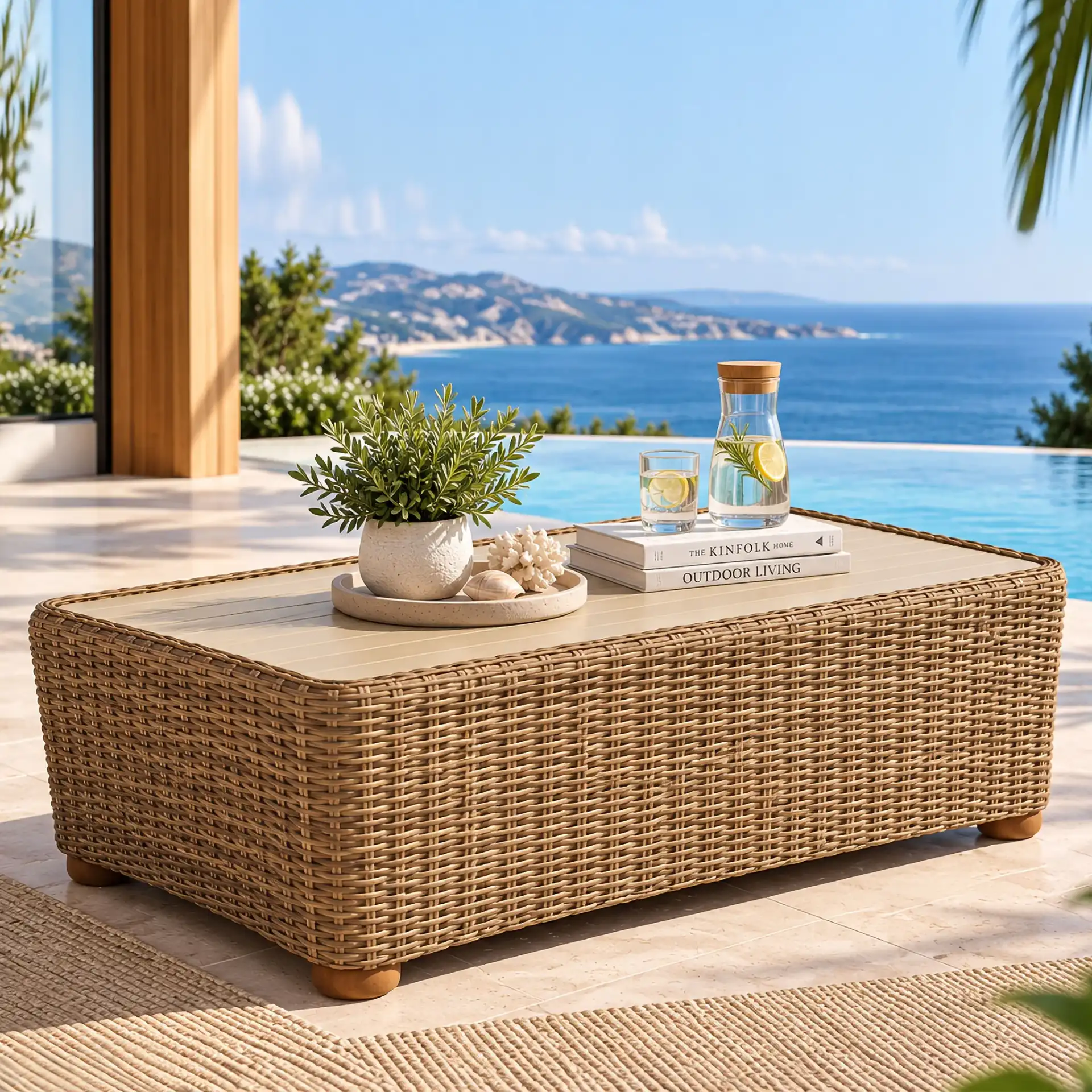 Melbourne Wicker Patio Coffee Table in Natural in a styled room