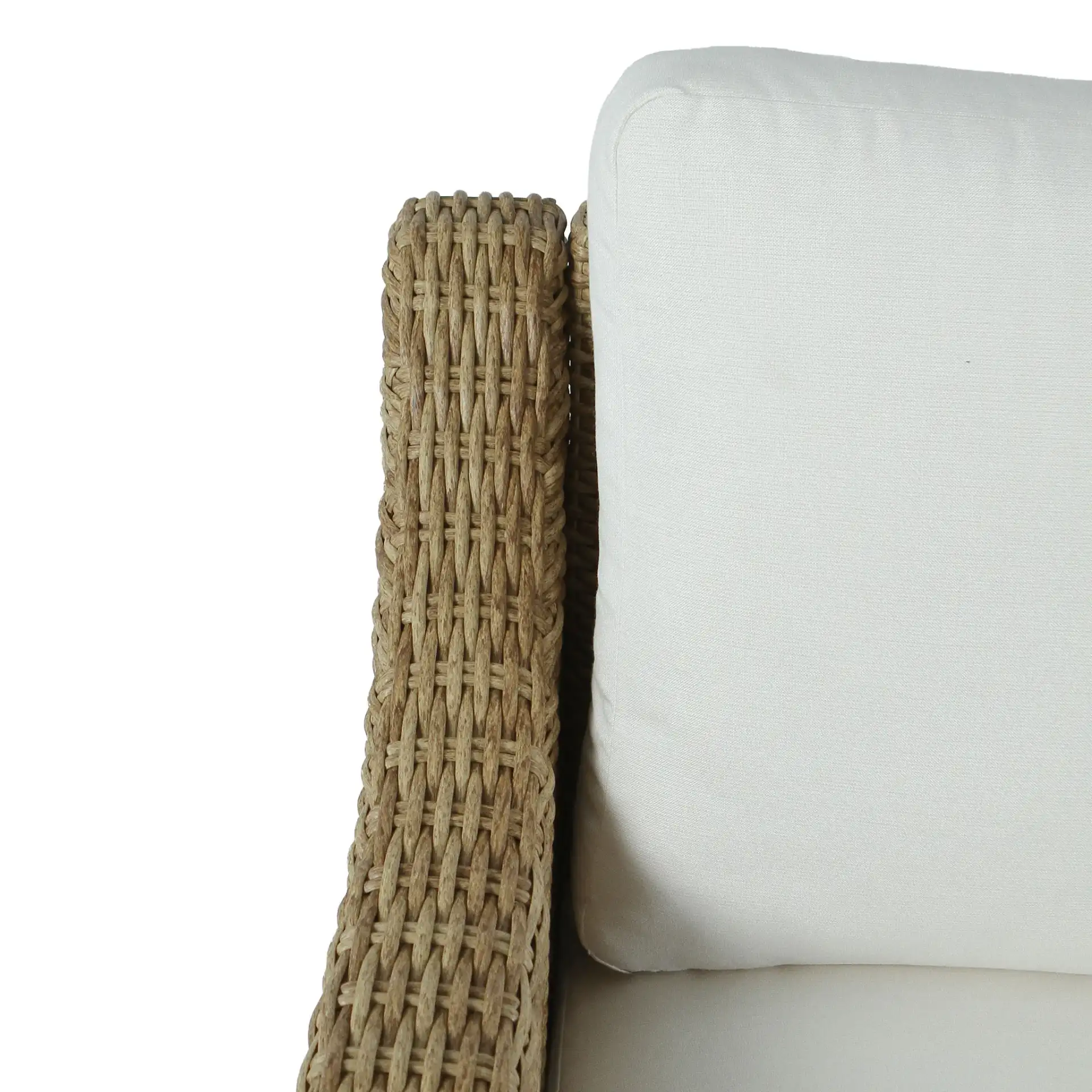 Pompeii Rattan Patio Sofa in Natural / White in a styled room
