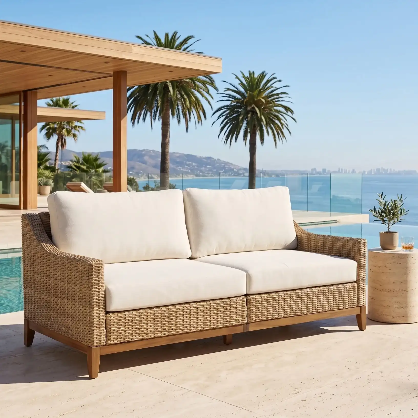Pompeii Rattan Patio Sofa in Natural / White in a styled room