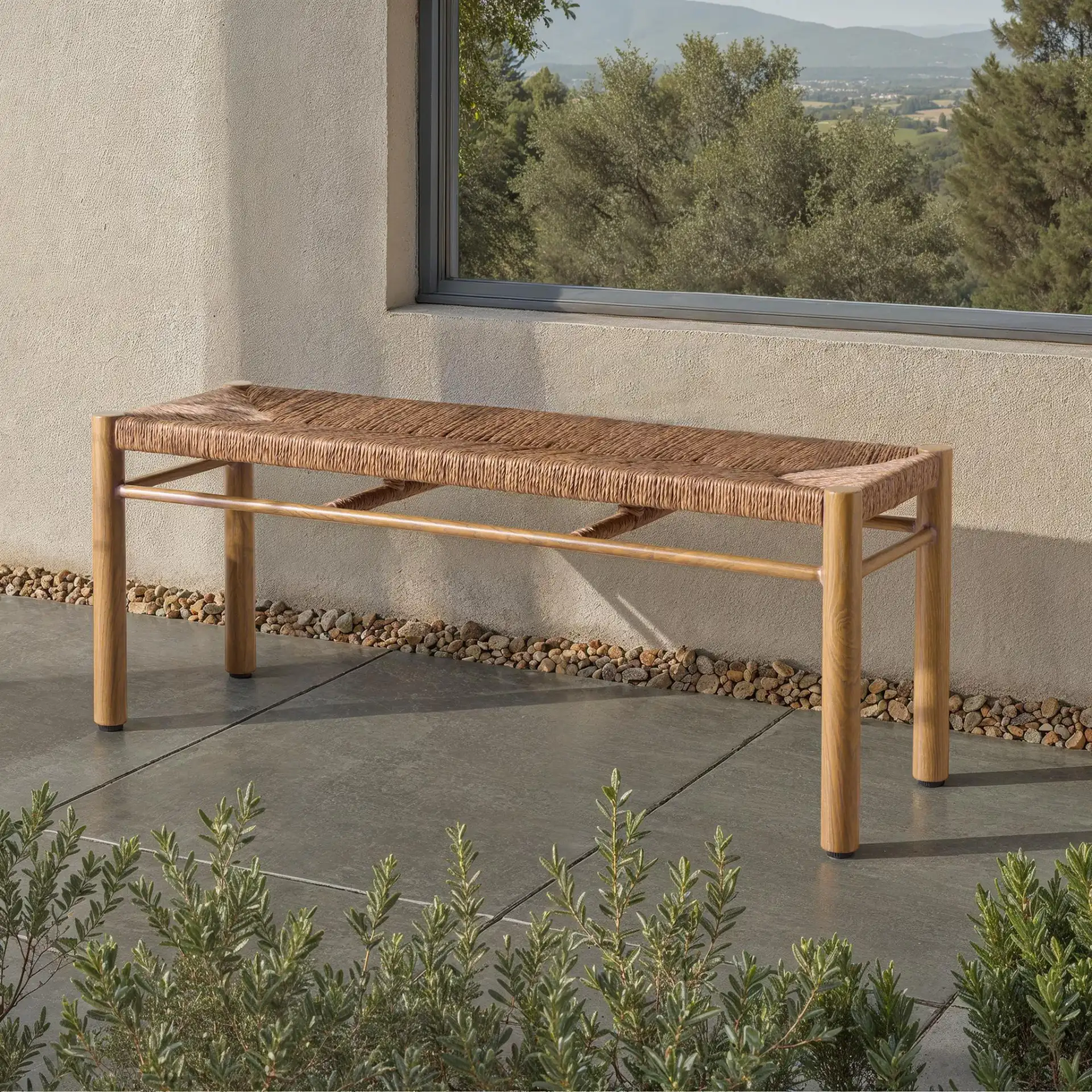 Romona Outdoor Bench in Natural in a styled room