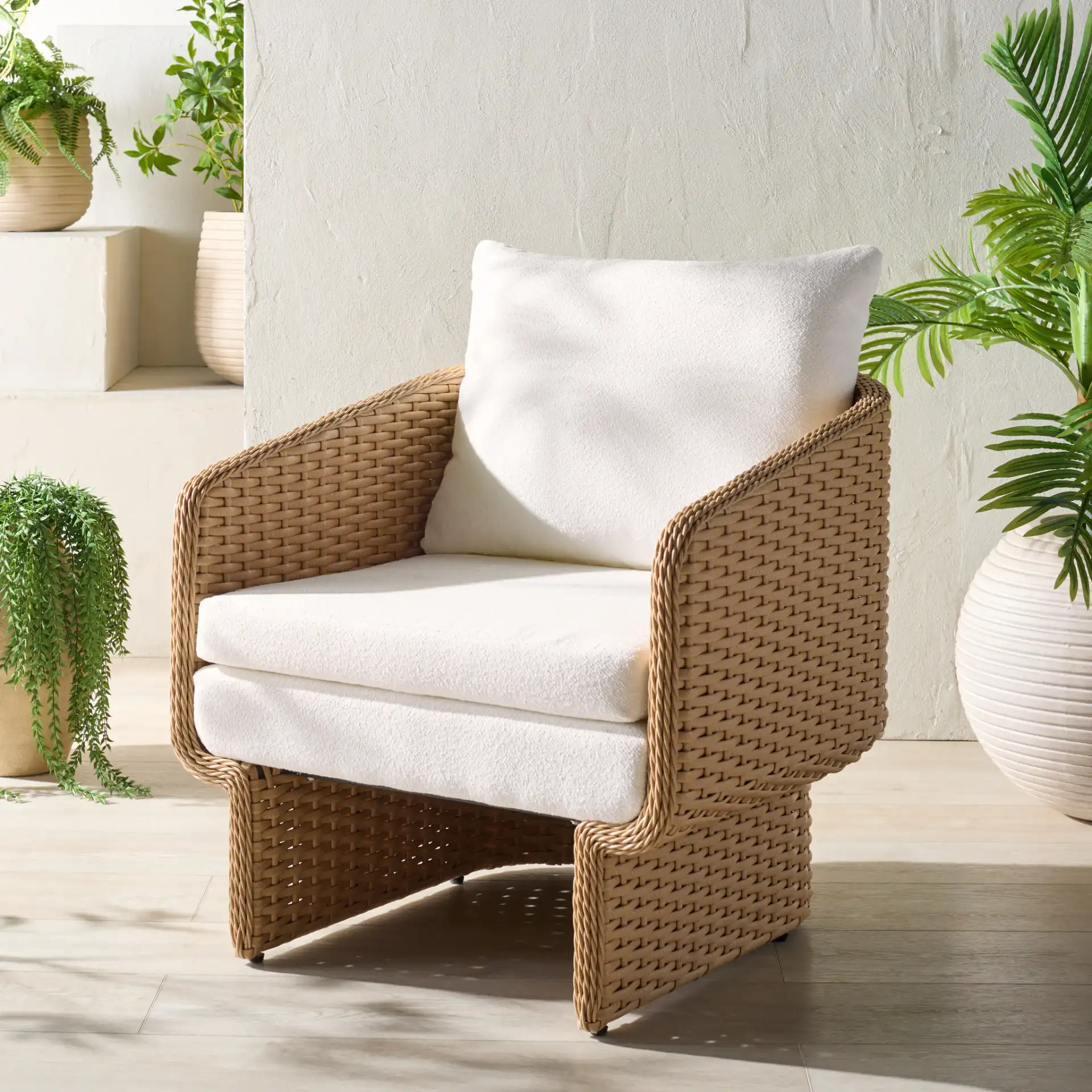 Giuseppe Rattan Weaving Chair in Natural / White in a styled room