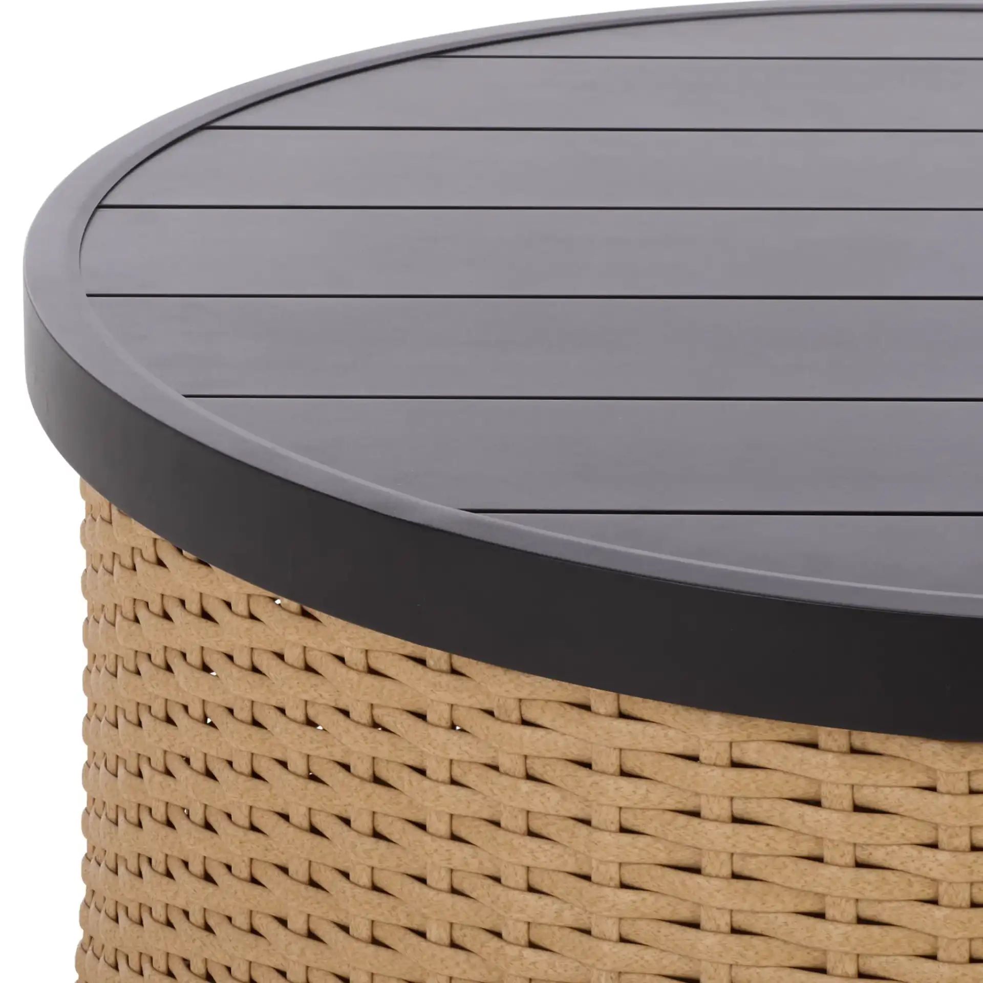 Cleandra Patio Coffee Table in Natural / Black in a styled room