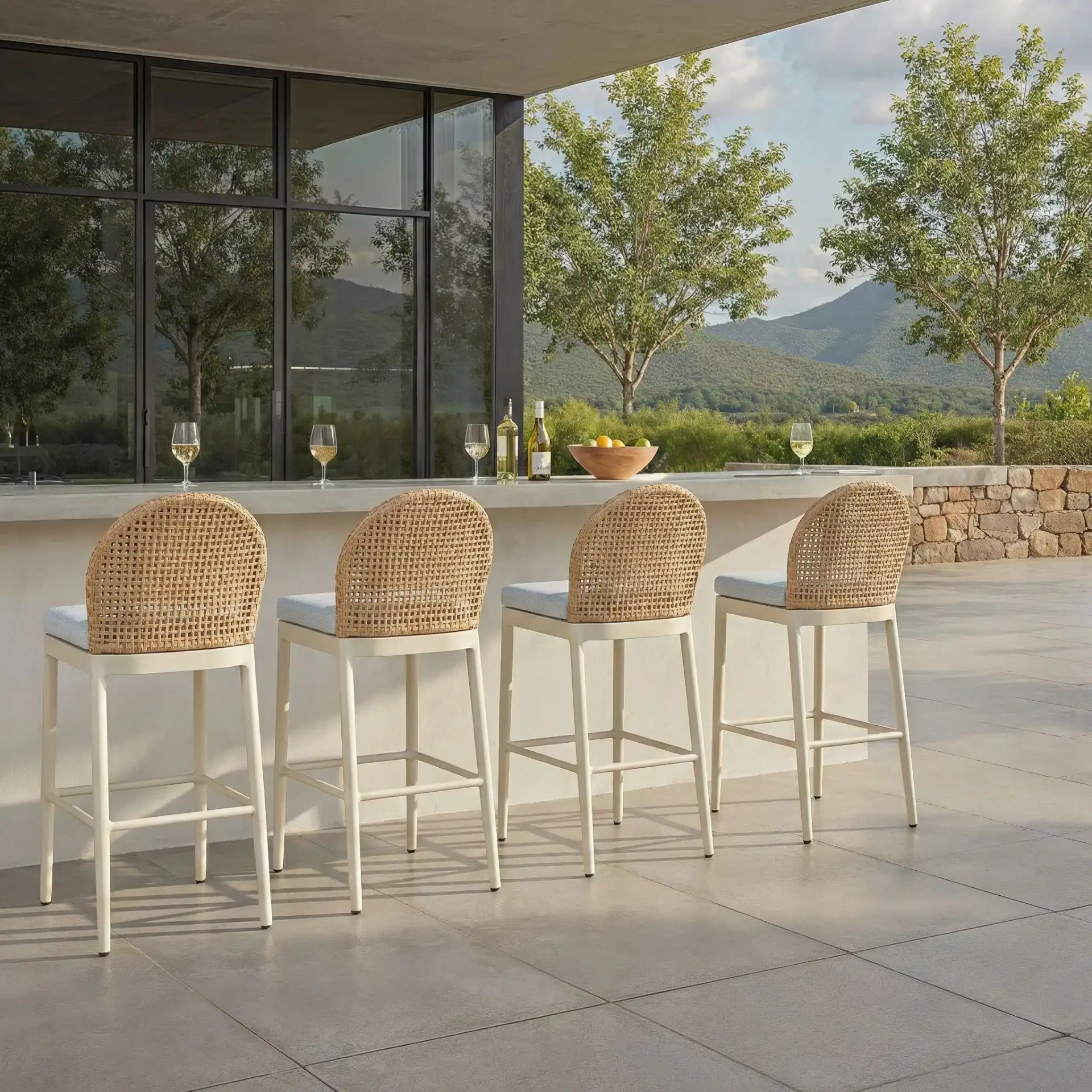 Rosalind Patio Counter Stool in Light Gray / Beige in a styled room