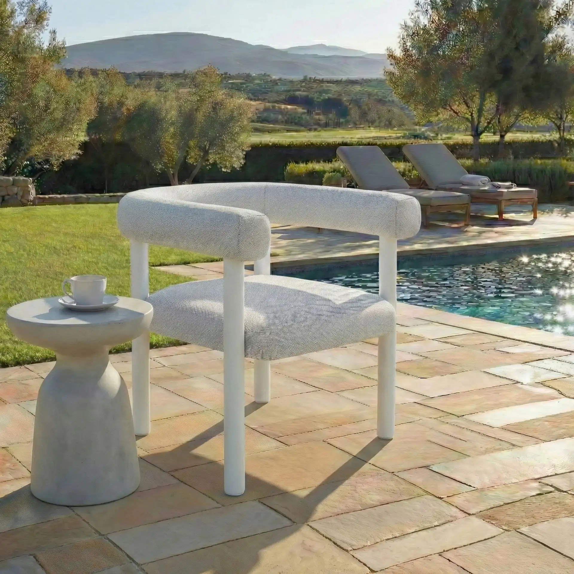 Larissa Patio Dining Chair in White / Beige in a styled room