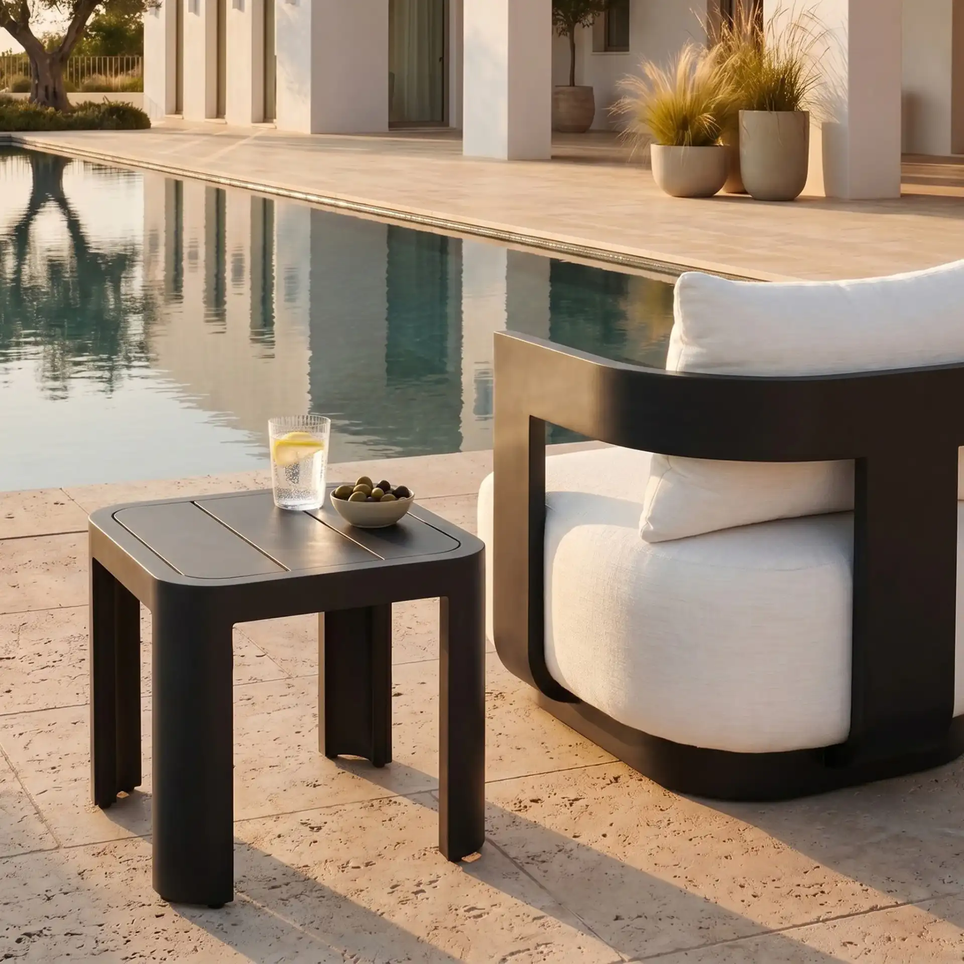 Leilani Aluminum Accent Table in Dark Gray in a styled room