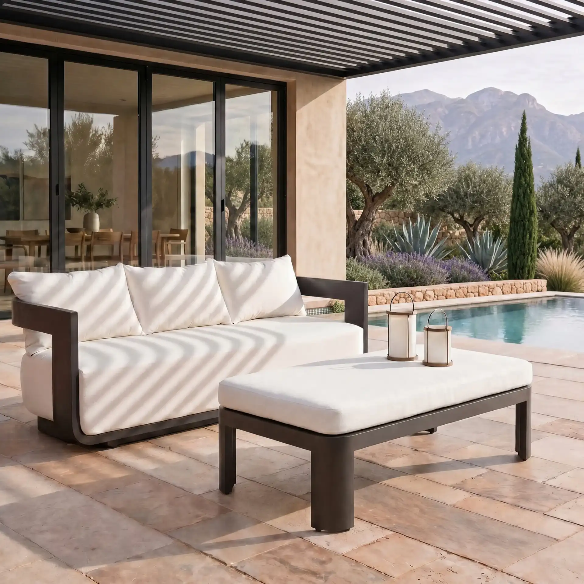 Leilani Aluminum Coffee Table in Dark Gray / White in a styled room