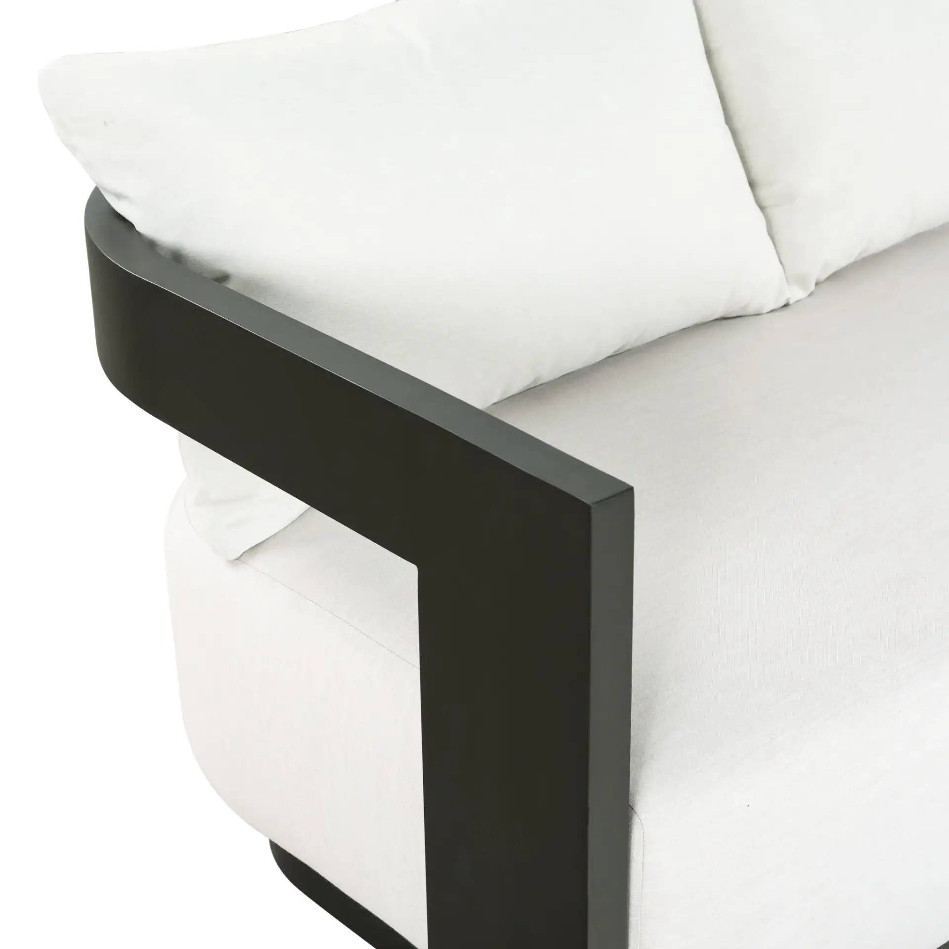 Leilani Aluminum Patio Sofa in Dark Gray / White in a styled room