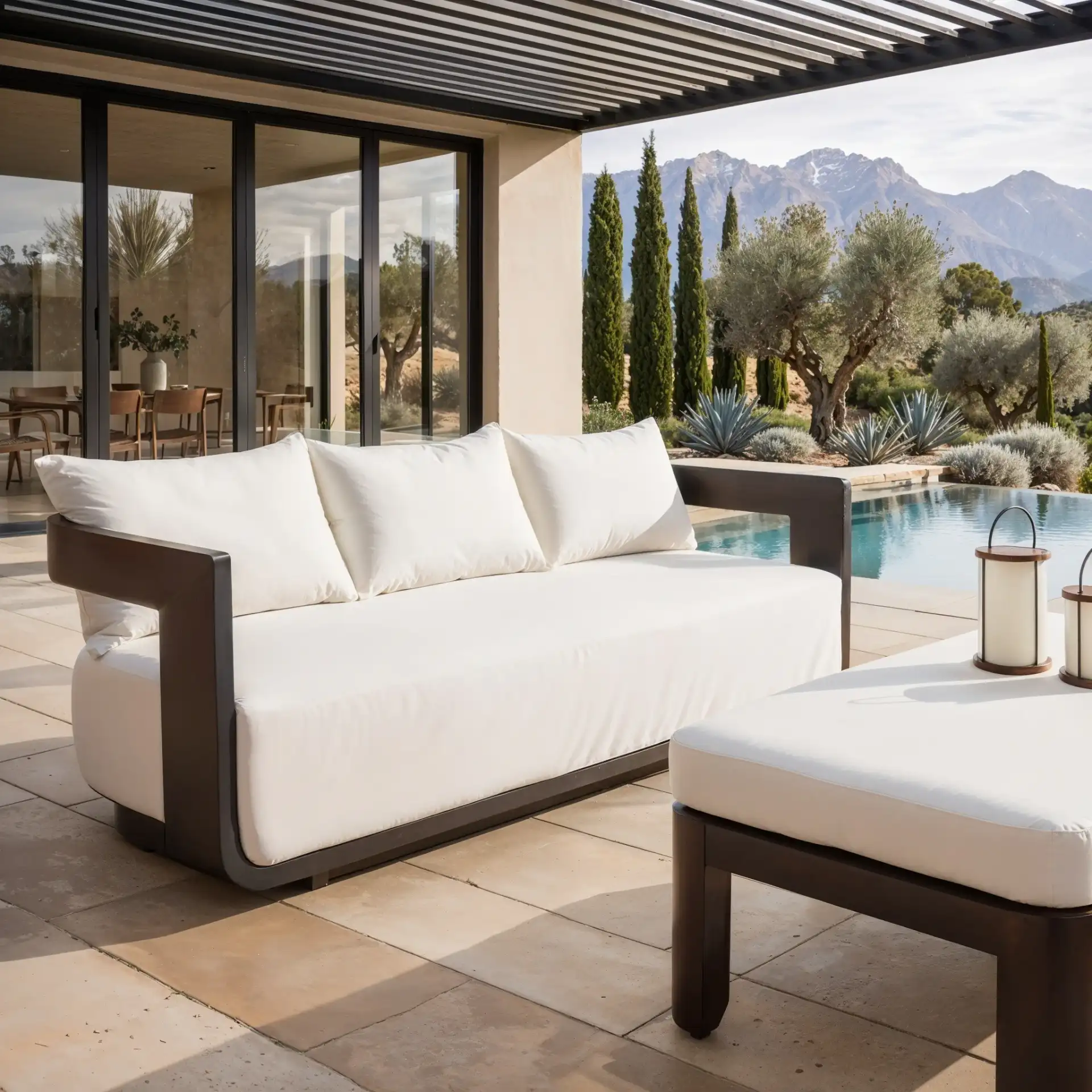 Leilani Aluminum Patio Sofa in Dark Gray / White in a styled room