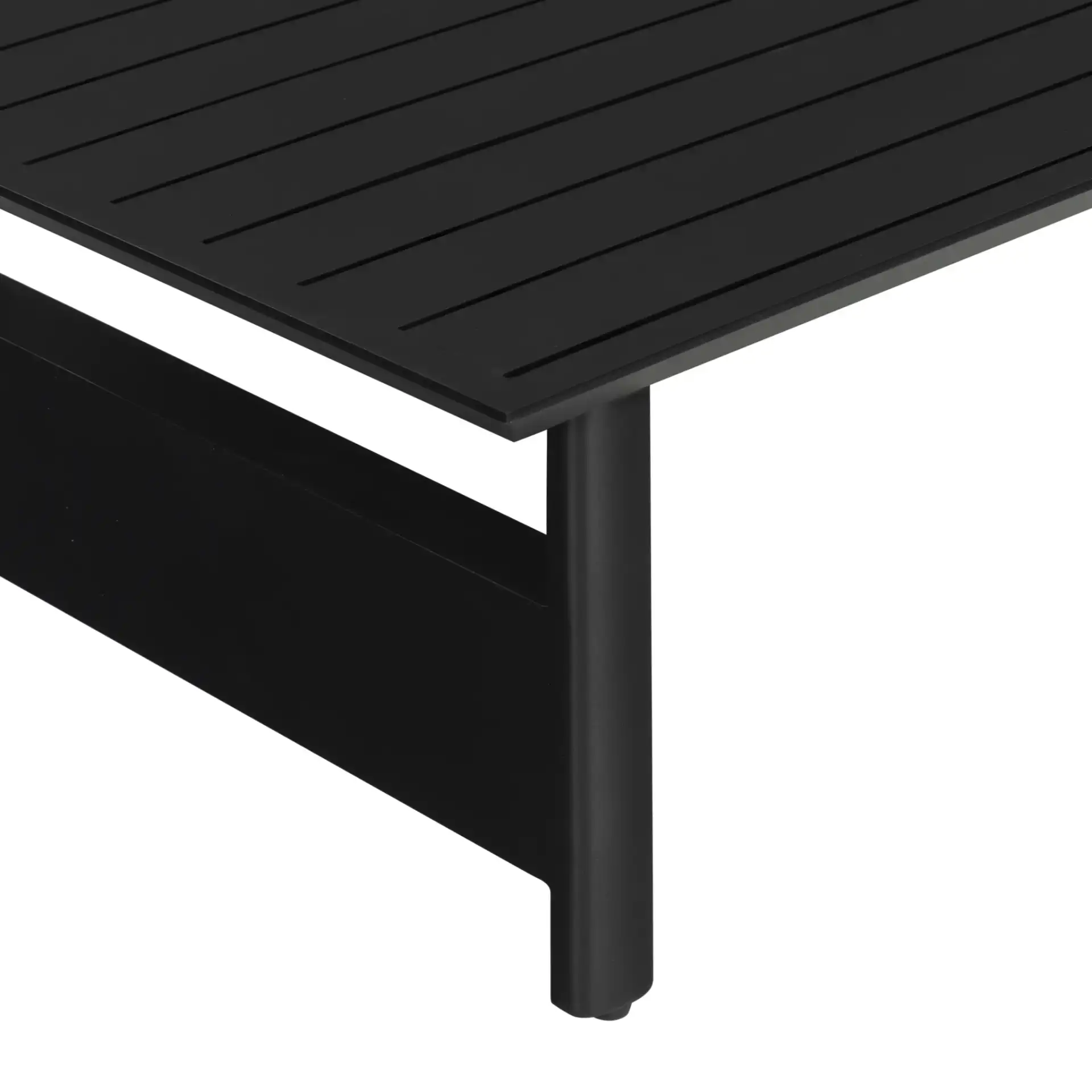 Capricio Aluminum Outdoor Coffee Table in Black in a styled room