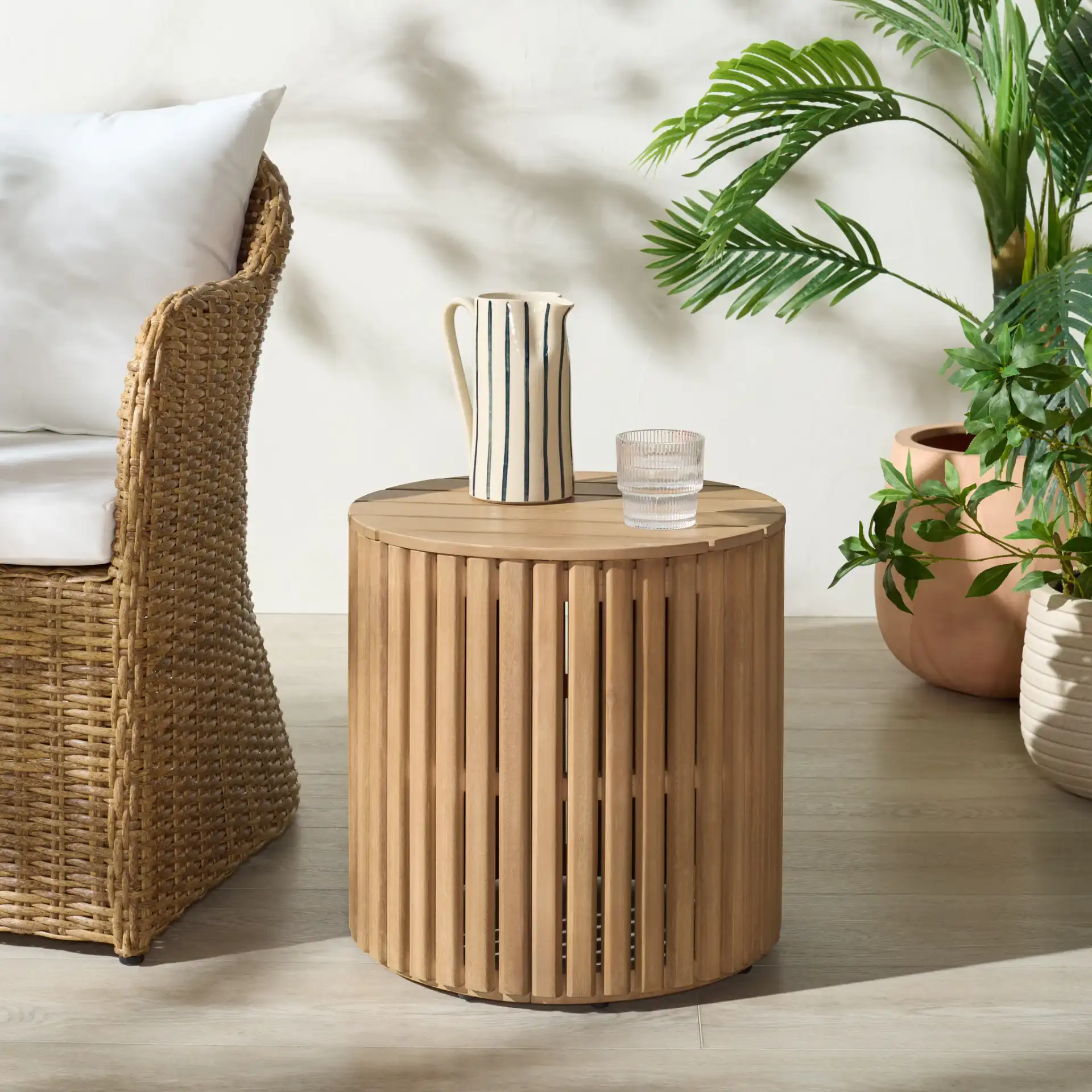 Arielle Wood Accent Table in Natural in a styled room