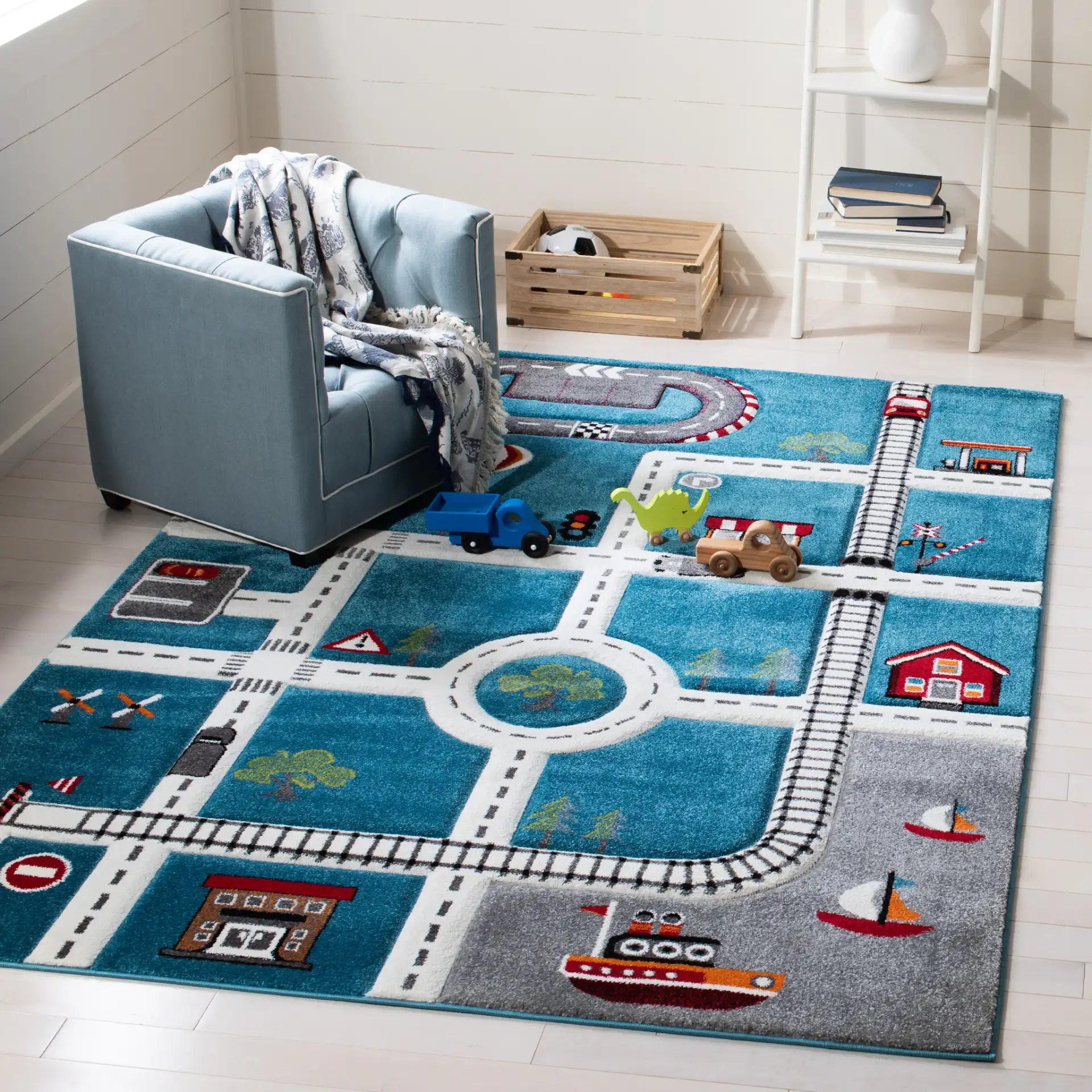 Carousel Kids Road And Railway Play Rug in Turquoise / Ivory in a styled room