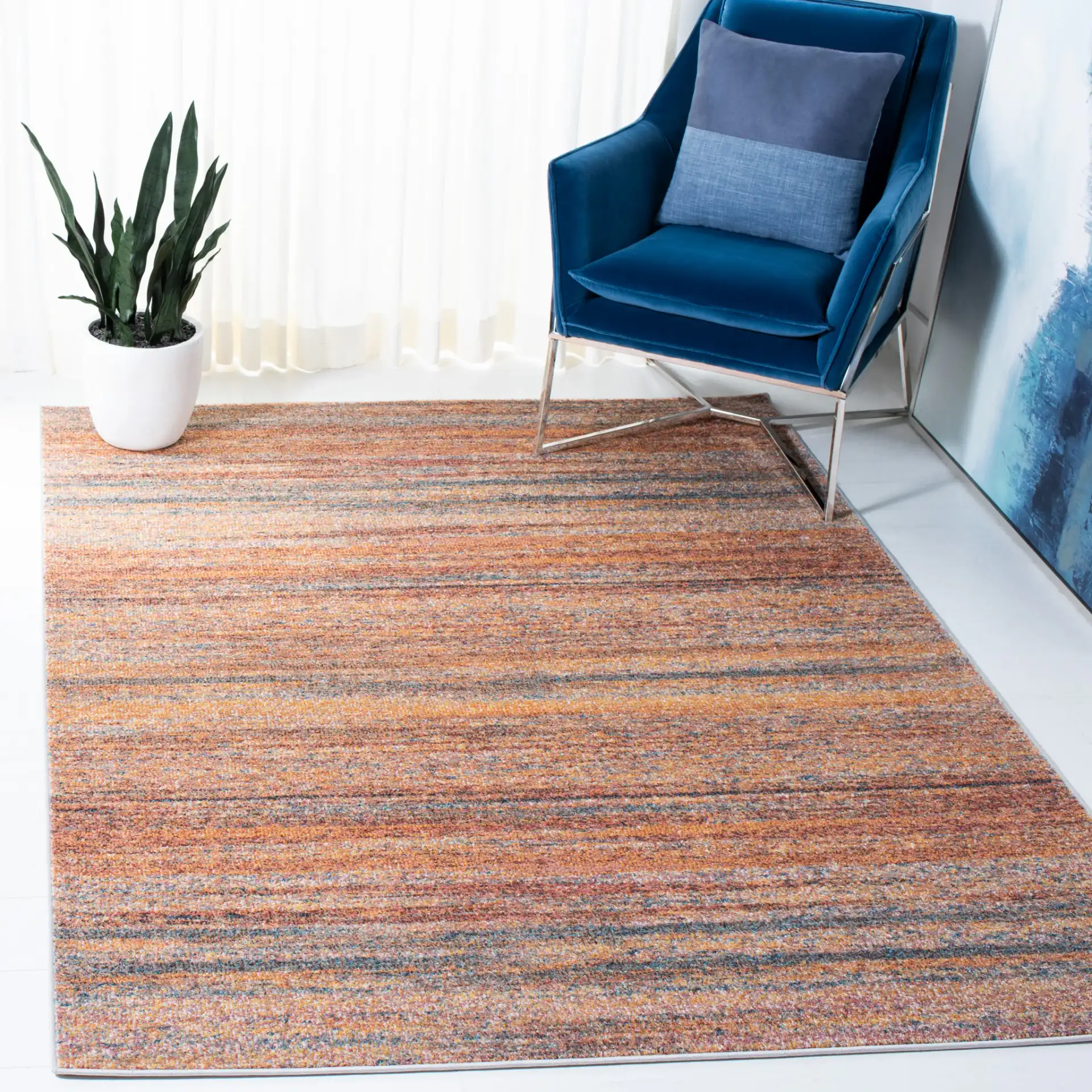 Crystal Abstract Stripe Rug in Rust / Blue in a styled room