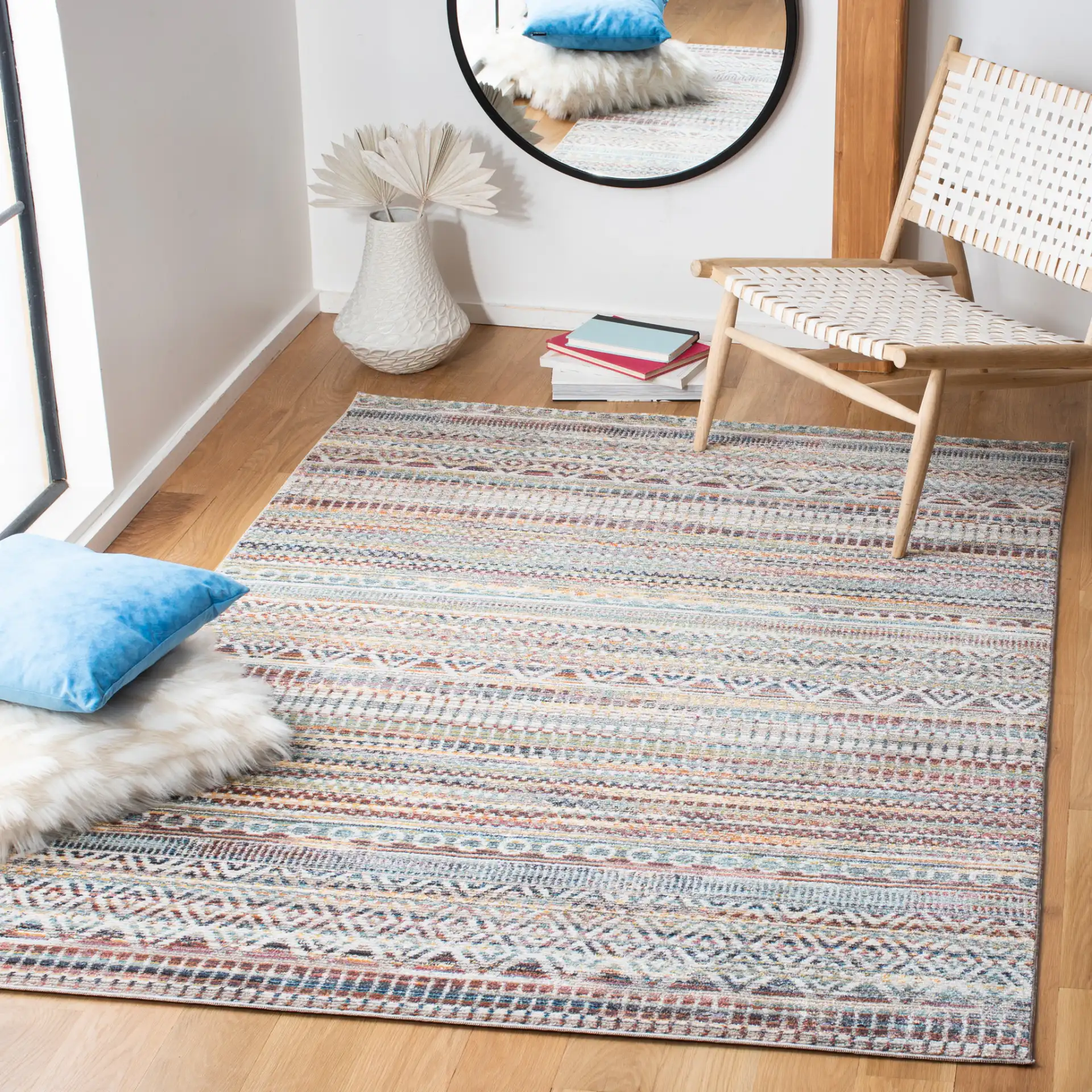 Crystal Banded Geometric Rug in Rust / Gold in a styled room